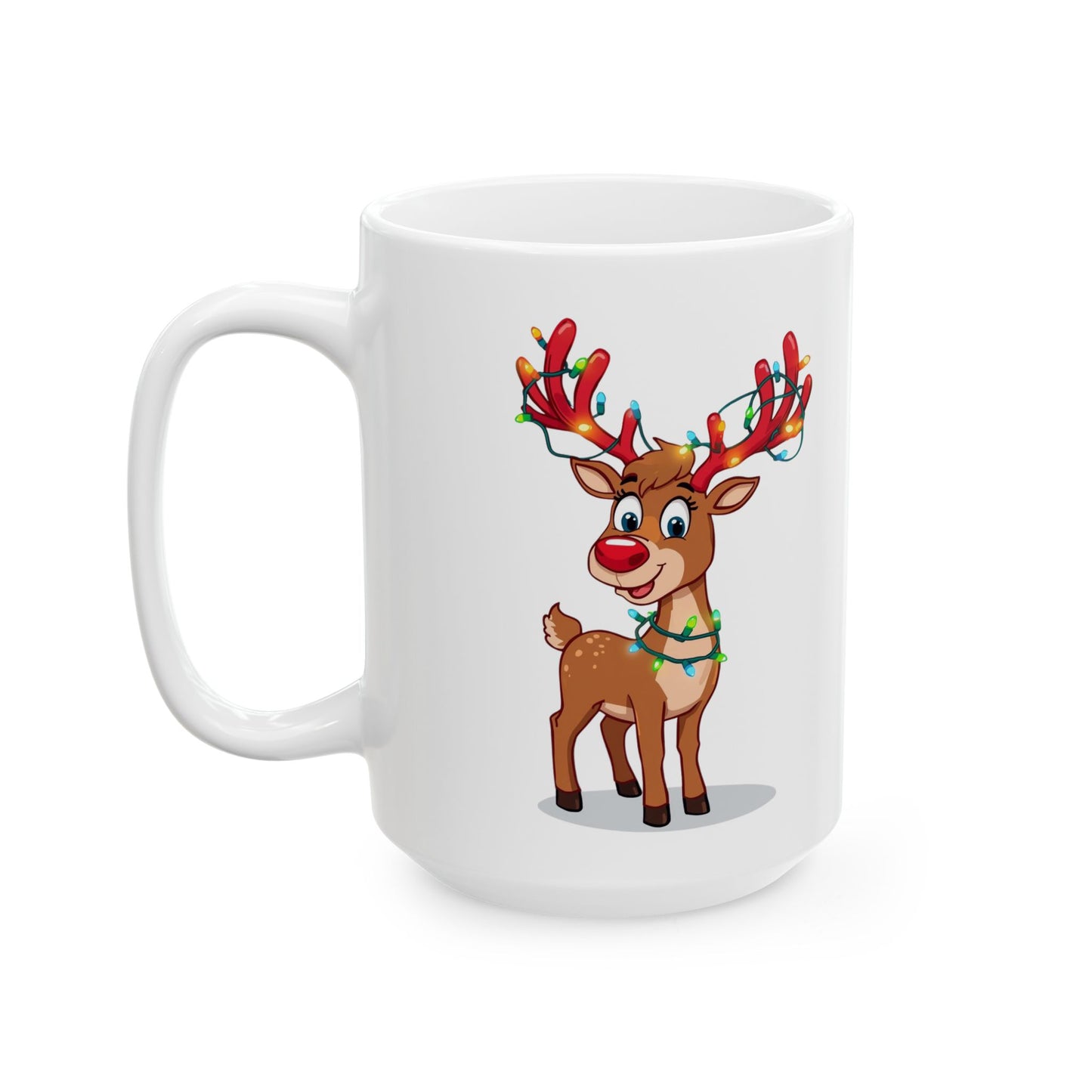 Reindeer Christmas Lights Mug – Cute Holiday Coffee Cup, Festive Reindeer Ceramic Mug, Christmas Gift Idea (11oz/15oz)