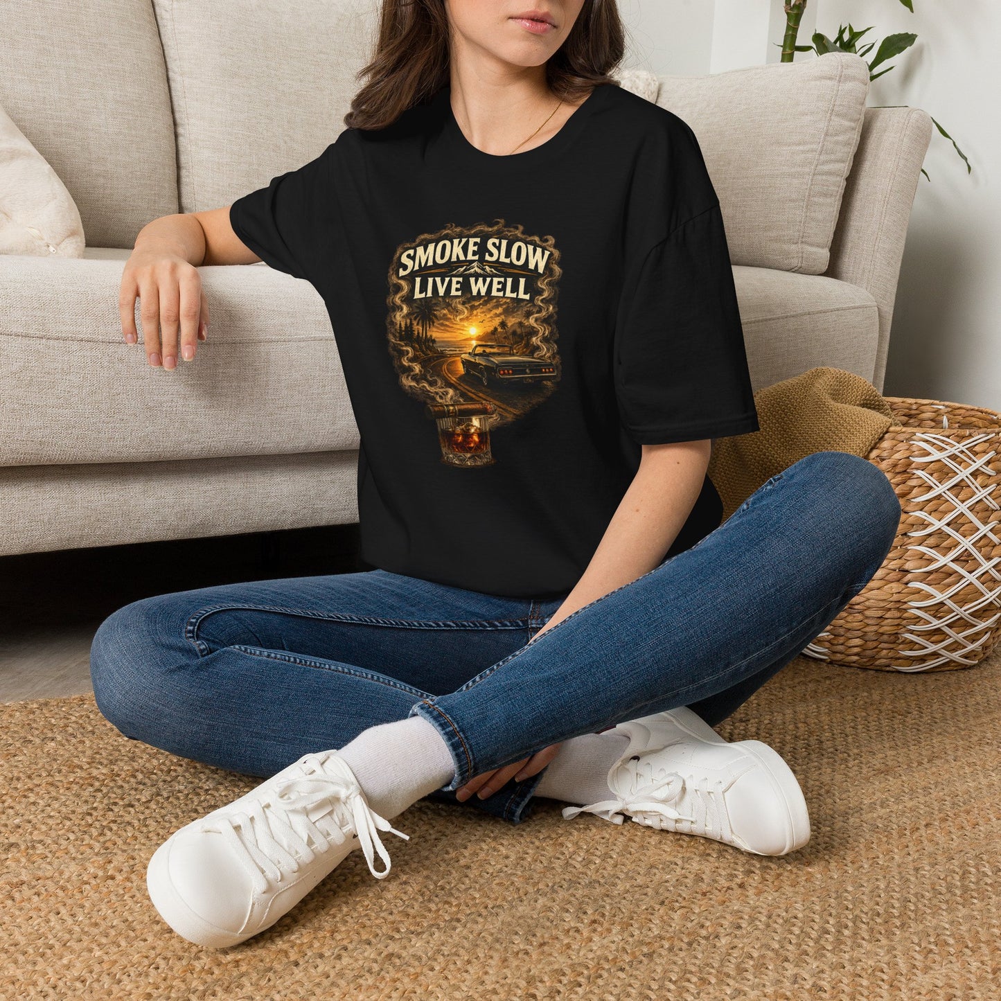 Smoke Slow Live Well Classic Car T-Shirt – Cigar, Whiskey & Sunset Cruise Tee  ⭐ Product Description