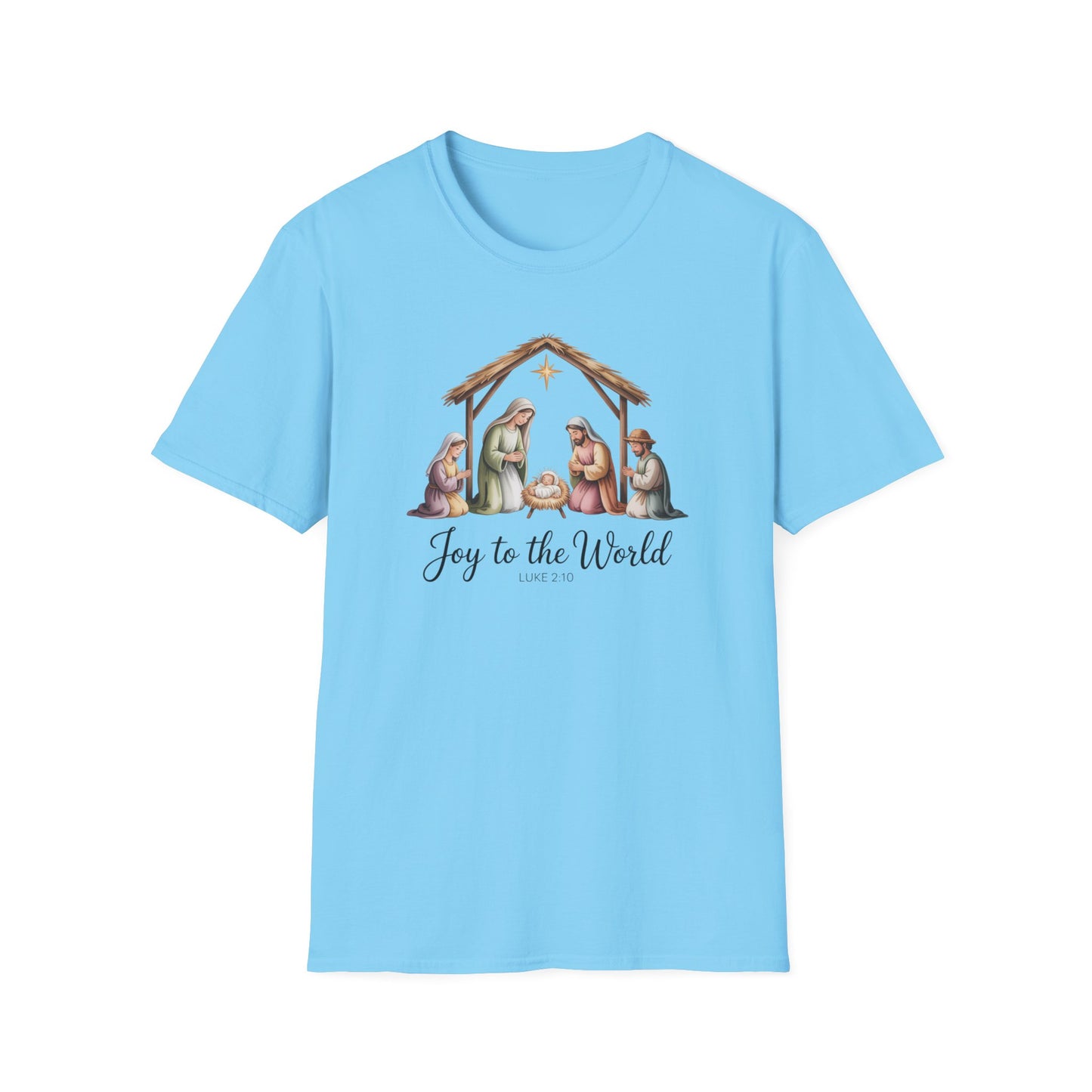 Joy to the World Nativity T-Shirt – Luke 2:10 Christmas Shirt with Holy Family, Christian Holiday Tee