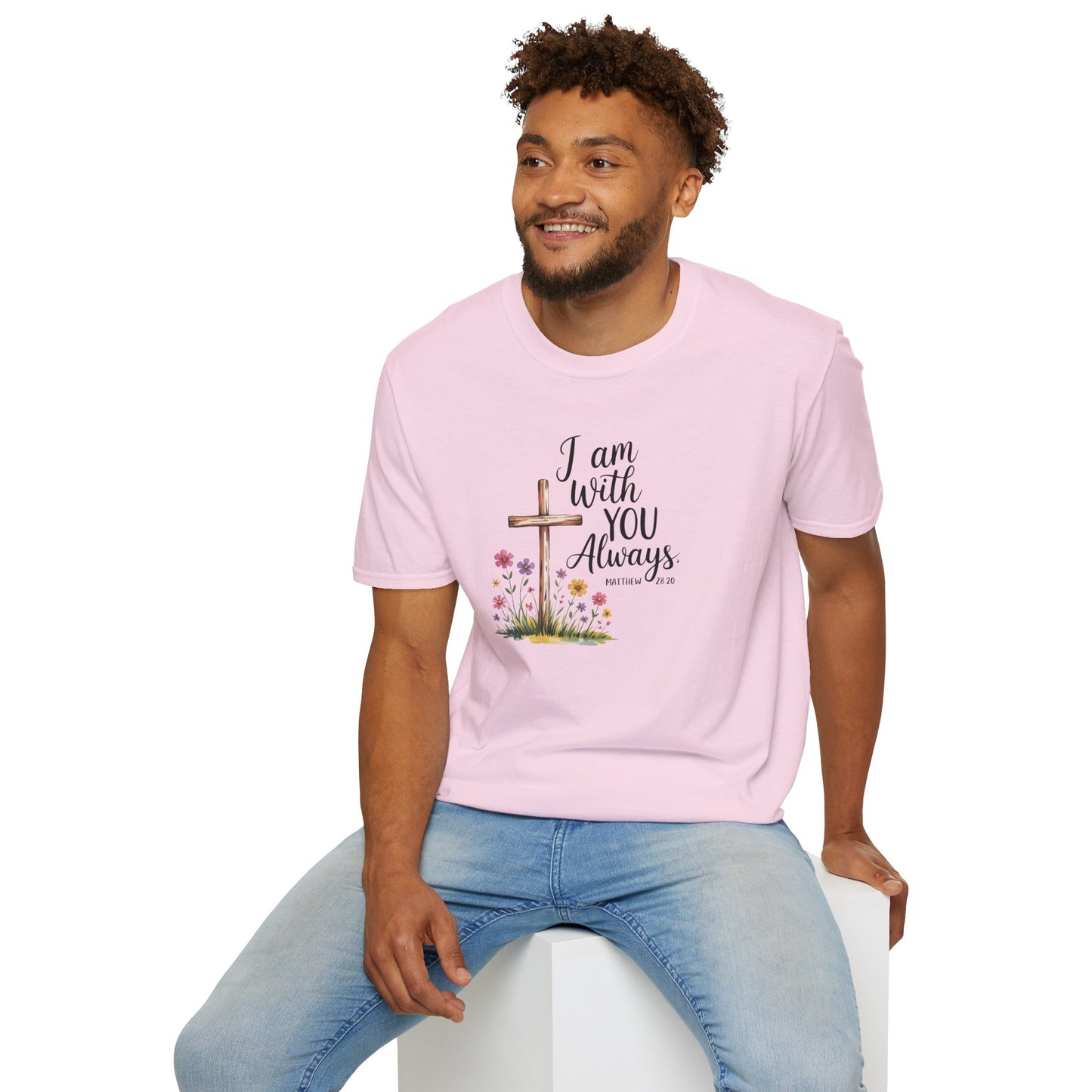 I Am With You Always Christian T-Shirt – Matthew 28:20 Scripture Tee with Cross and Flowers, Faith Inspirational Shirt