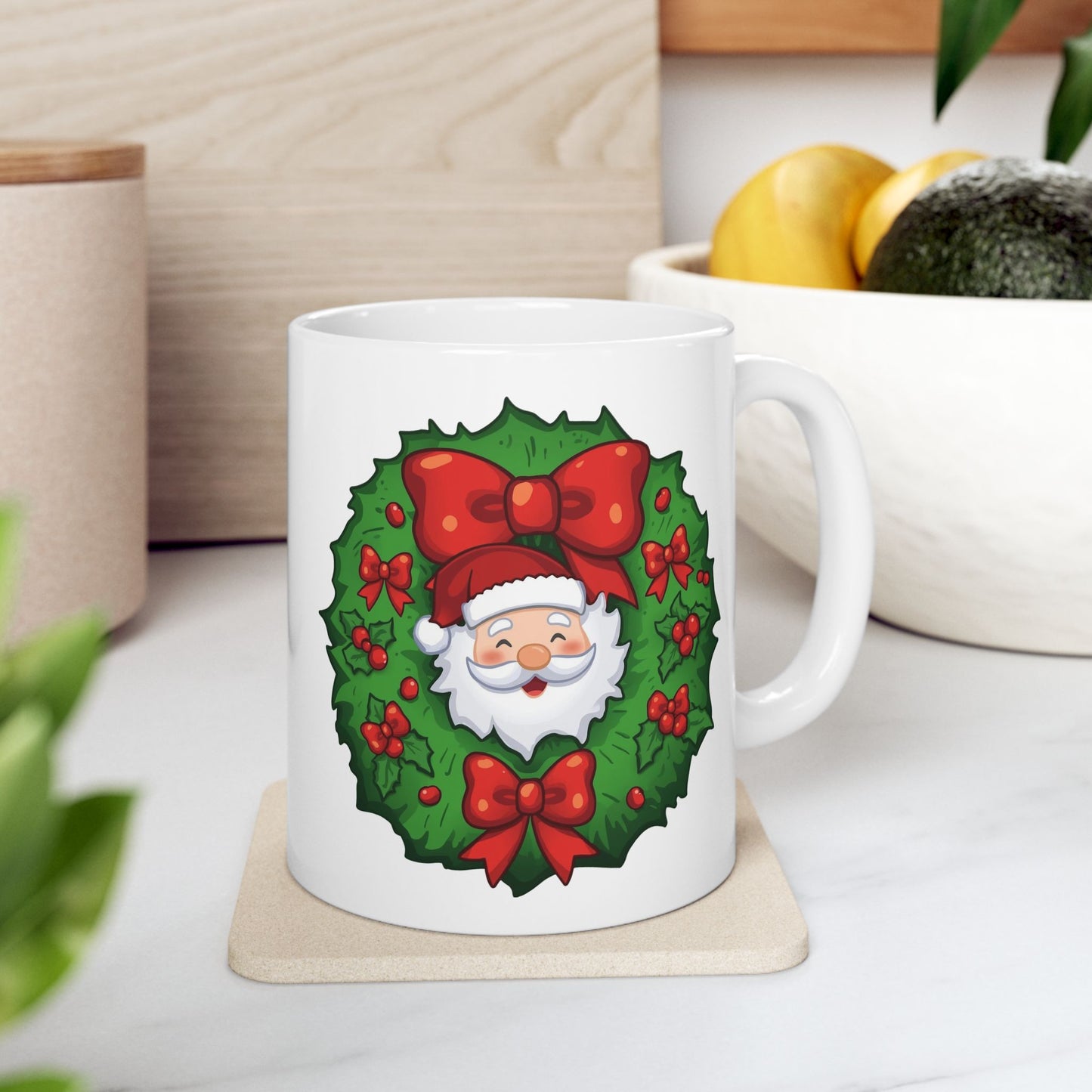 Santa in the Wreath Mug – Cute Holiday Coffee Cup, Festive Santa Ceramic Mug, Christmas Gift Idea (11oz/15oz)