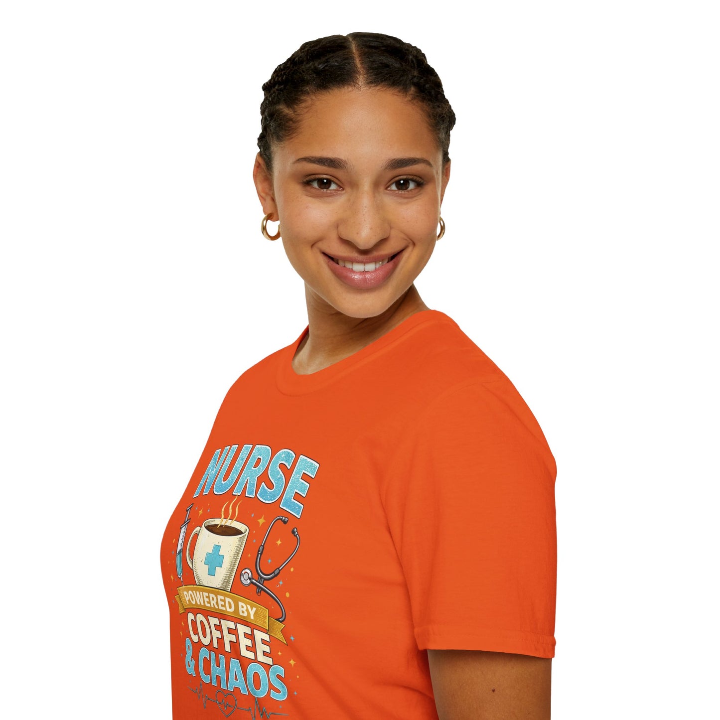 Nurse Powered by Coffee & Chaos Shirt, Funny Nurse Tee, RN CNA Gift, Nurse Life Graphic T-Shirt, Medical Worker Gift, Cute Nursing Shirt for Women Men