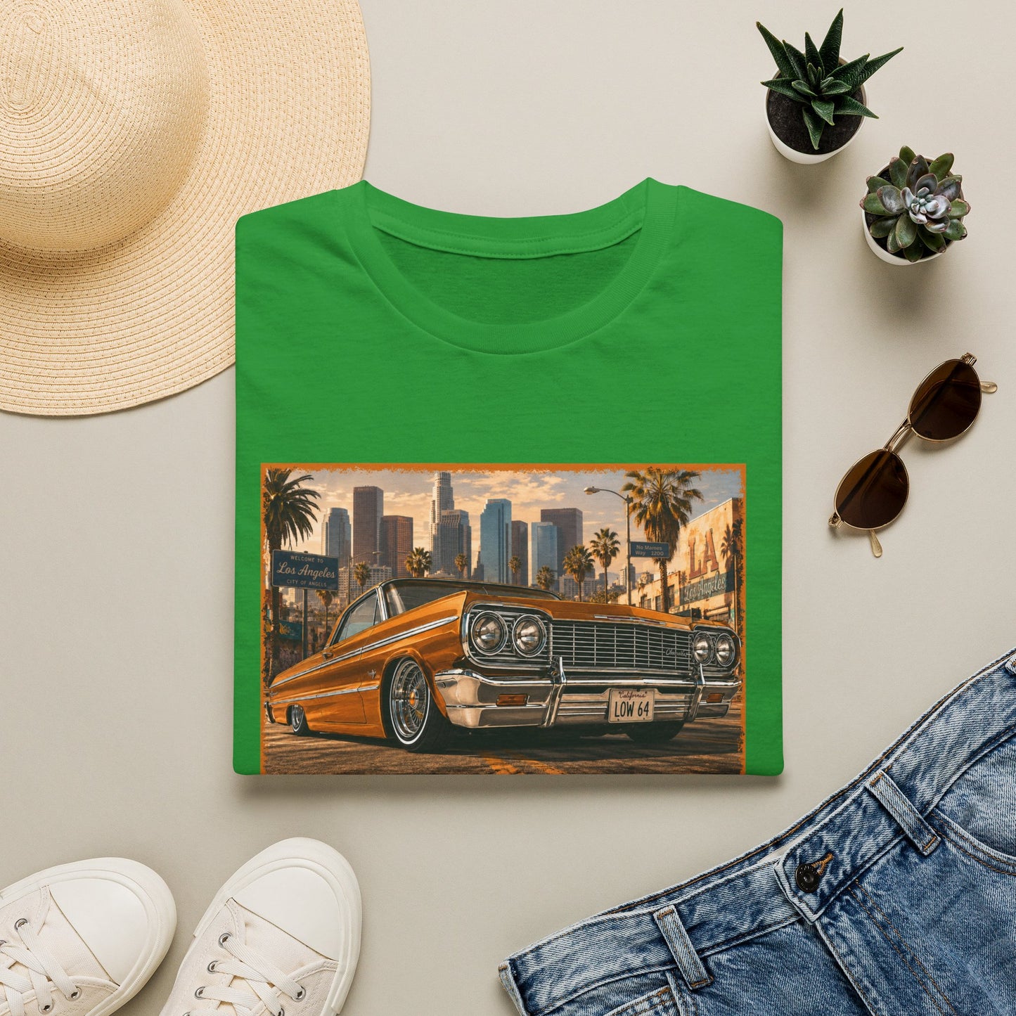 Los Angeles Lowrider T-Shirt, Orange Classic Car Graphic Tee, 1964 Style Car Shirt for Car Lovers