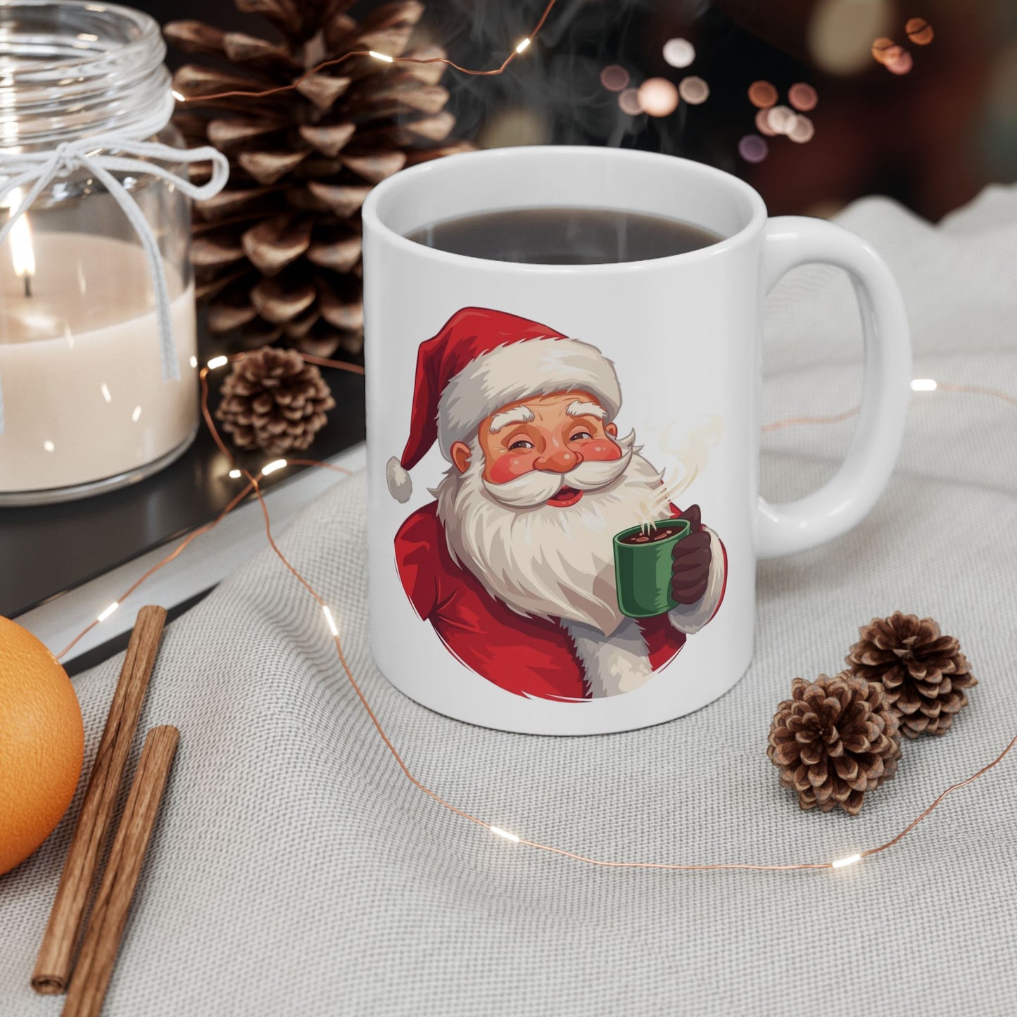 Santa enjoying Hot Chocolate Mug – Cute Holiday Coffee Cup, Festive Santa Ceramic Mug, Christmas Gift Idea (11oz/15oz)