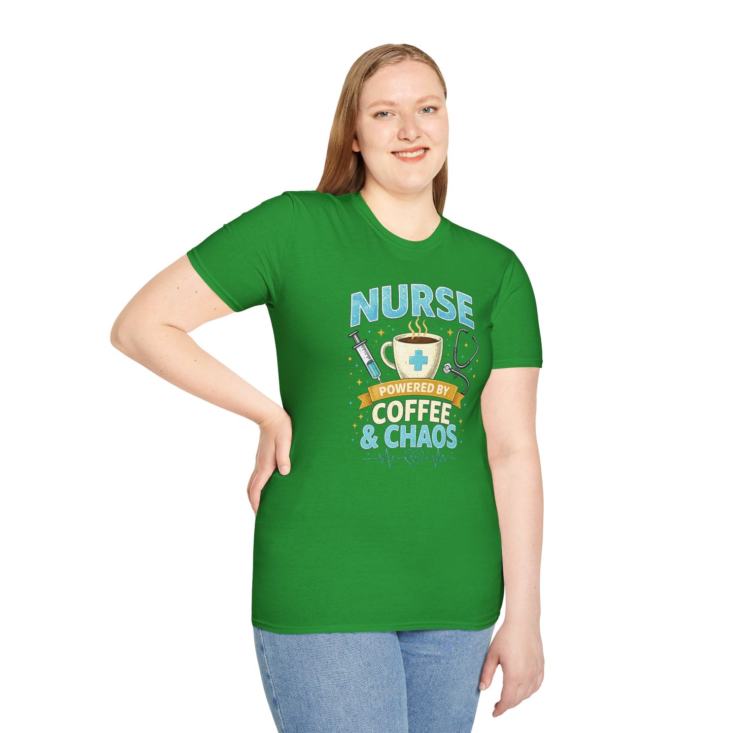 Nurse Powered by Coffee & Chaos Shirt, Funny Nurse Tee, RN CNA Gift, Nurse Life Graphic T-Shirt, Medical Worker Gift, Cute Nursing Shirt for Women Men
