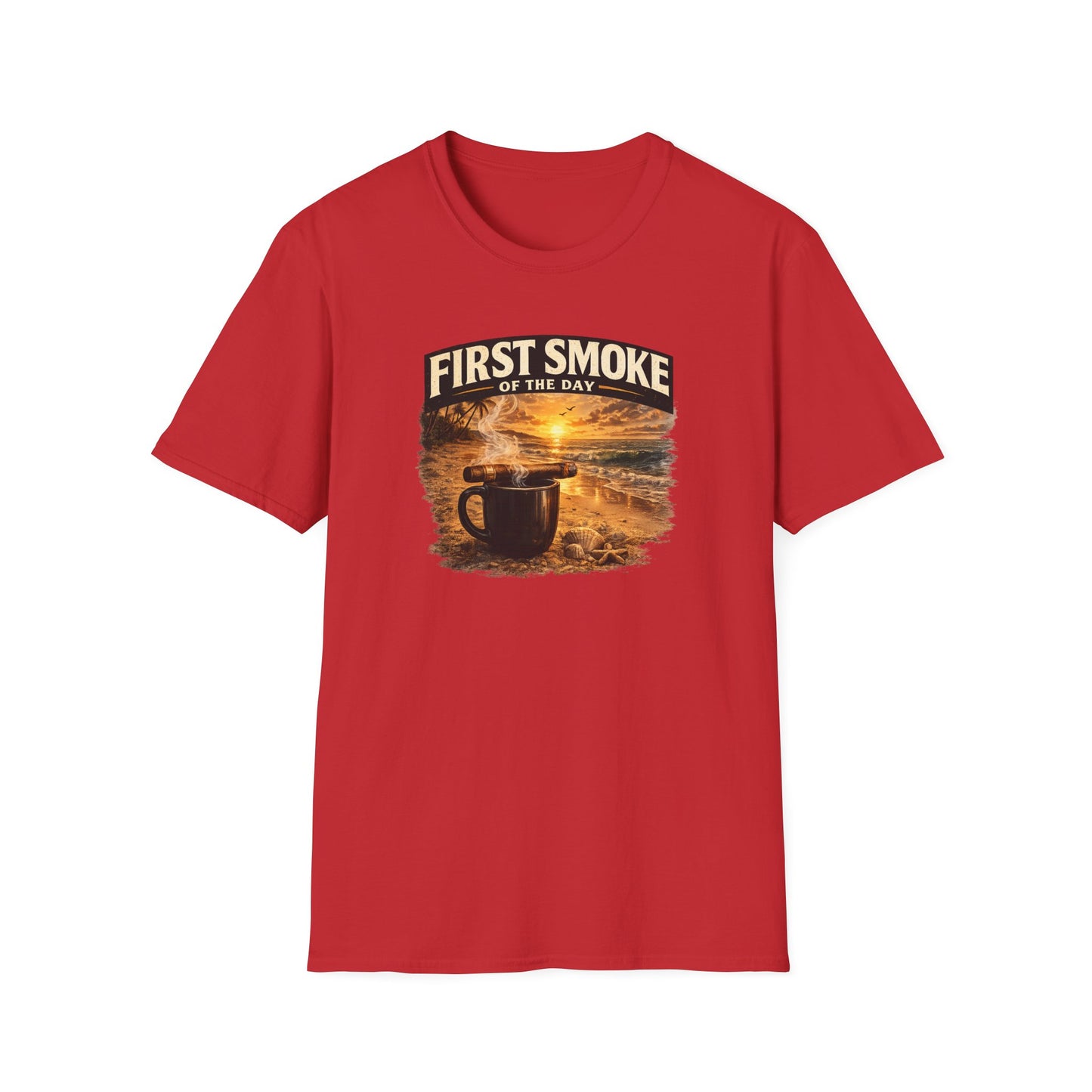 First Smoke of the Day T-Shirt – Cigar & Coffee Beach Sunrise Tee