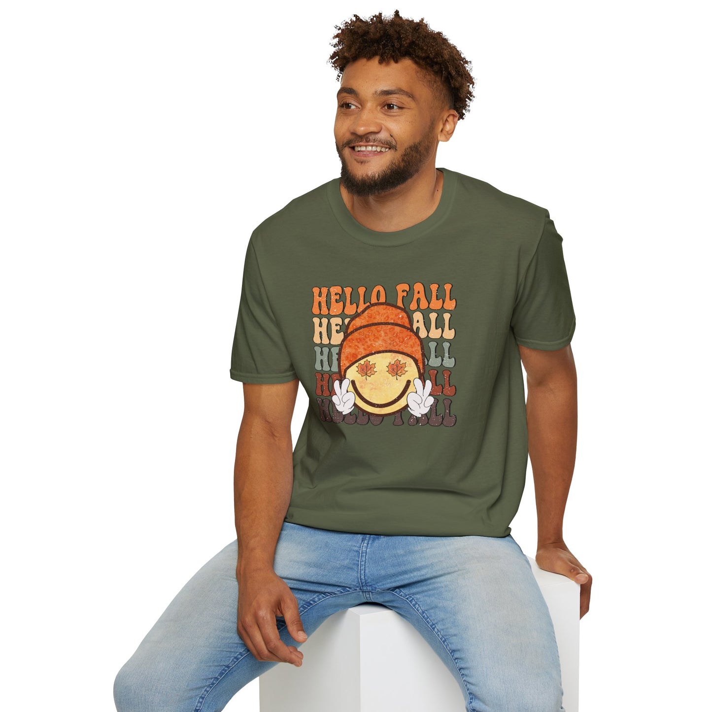 Hello Fall Happy Face Peace T-Shirt, Autumn Graphic Tee, Relaxing Casual Top, Seasonal Clothing, Thanksgiving Tee, Friendsgiving gift