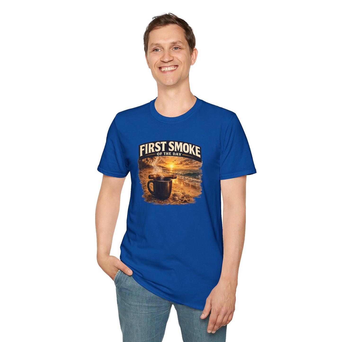 First Smoke of the Day T-Shirt – Cigar & Coffee Beach Sunrise Tee