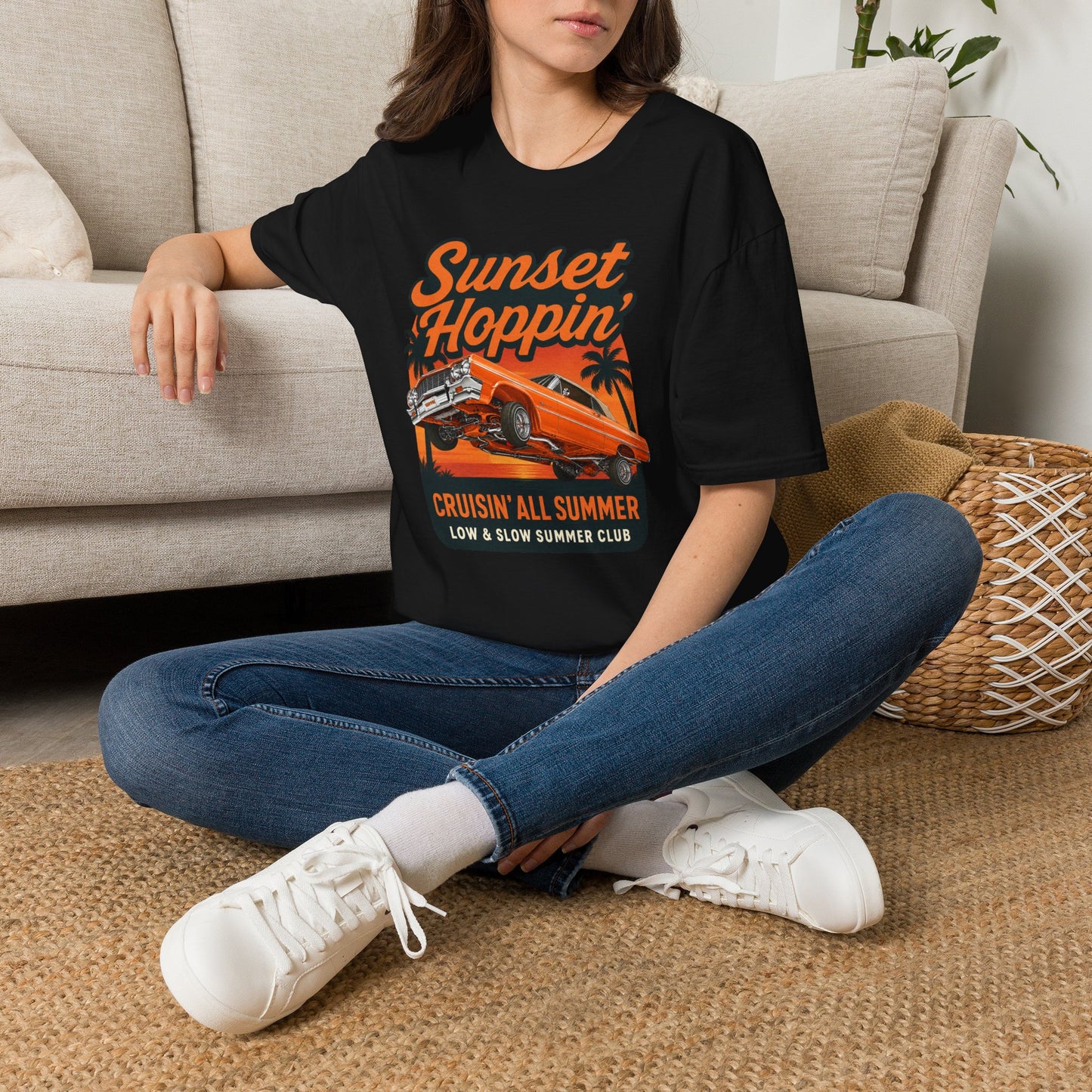 Lowrider Summer Shirt, Sunset Hoppin Tee, Cruisin All Summer Graphic Shirt, Low and Slow Car Tee, Unisex Car Lover Gift