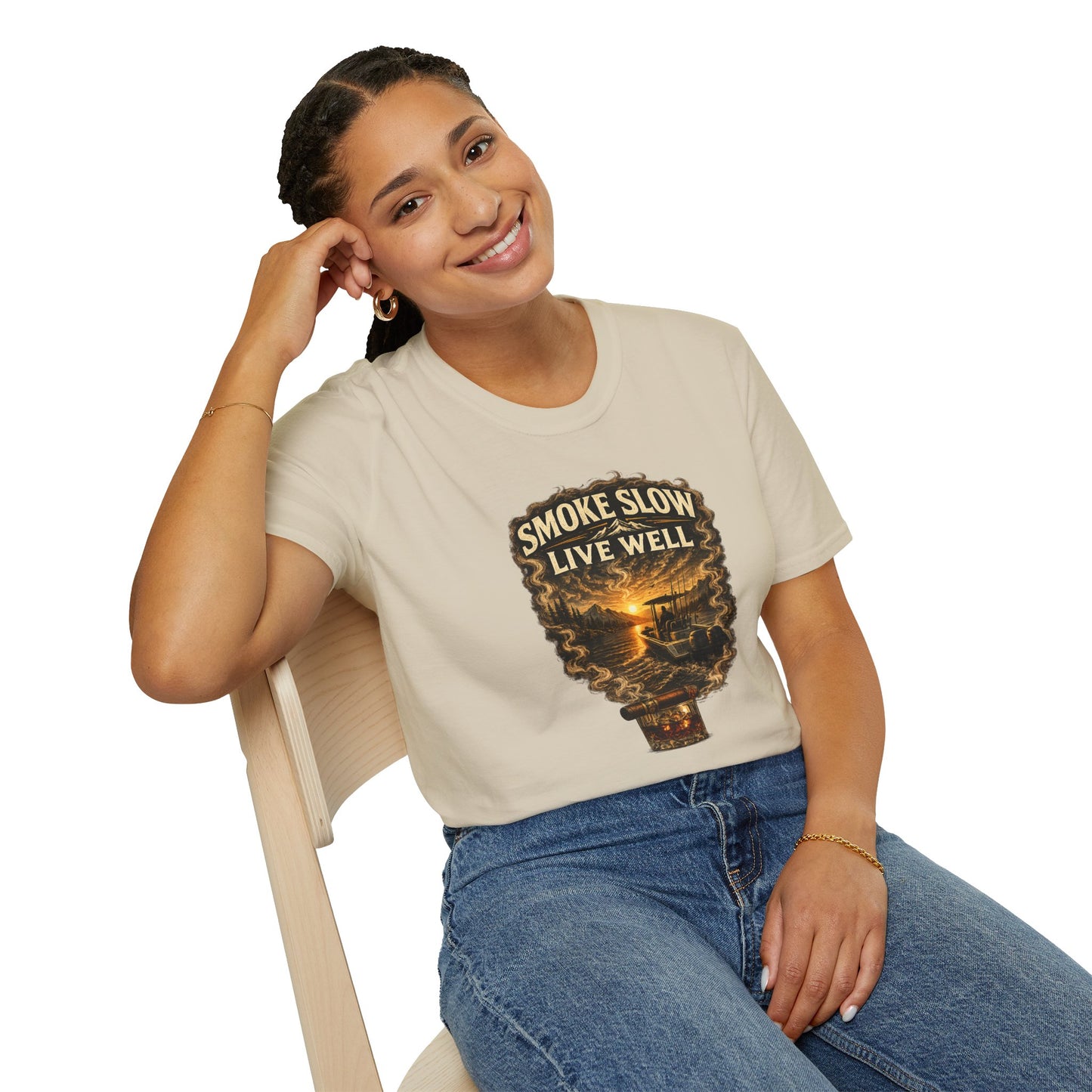 Smoke Slow Live Well Cigar T-Shirt – Whiskey & Outdoor Boating Lifestyle Cigar Tee
