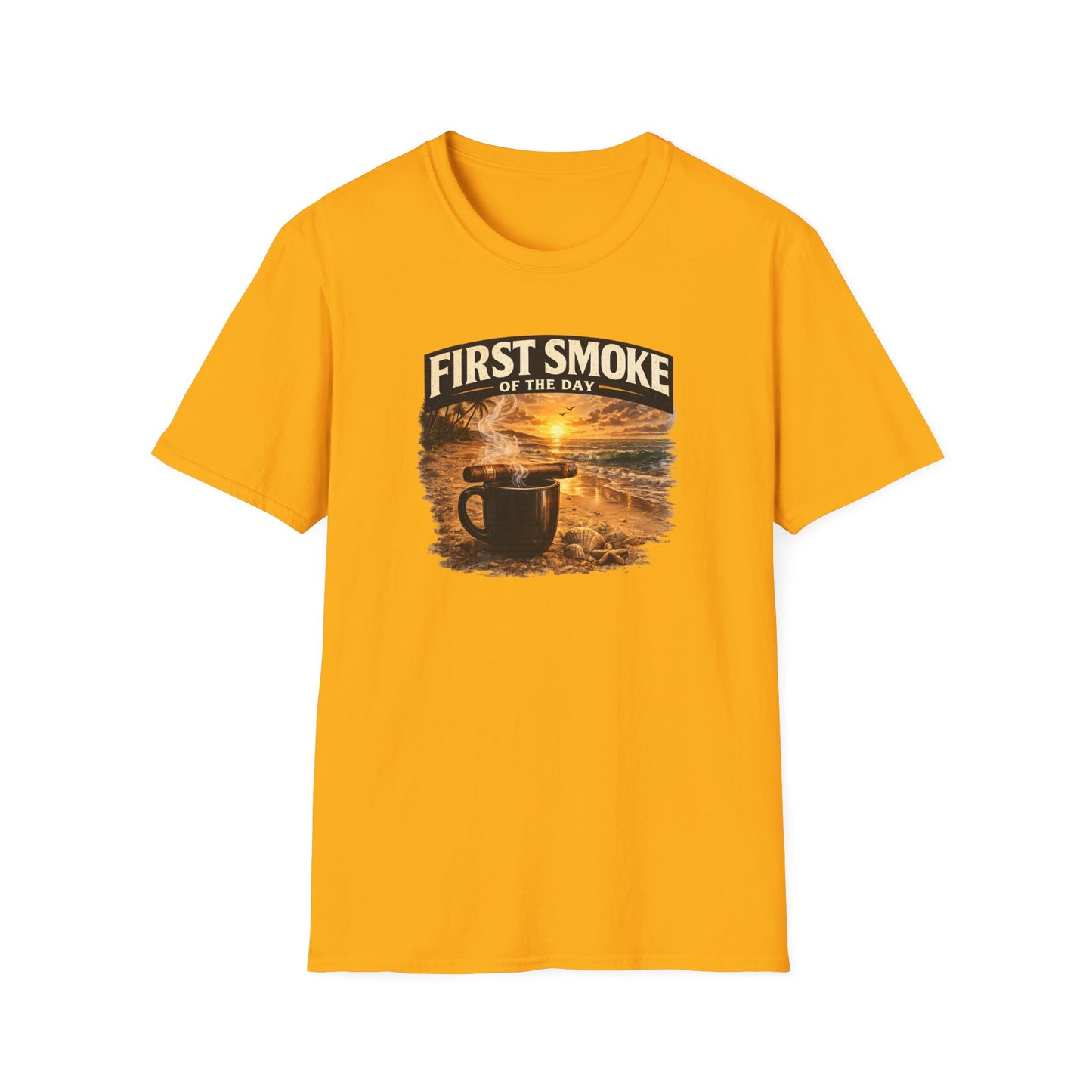 First Smoke of the Day T-Shirt – Cigar & Coffee Beach Sunrise Tee