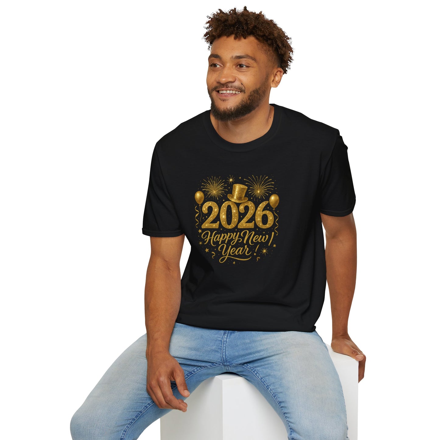 Happy New Year 2026 Gold Glitter T-Shirt – Sparkly New Year’s Eve Party Shirt, Festive 2026 NYE Tee with Fireworks & Balloons, Holiday Celebration Top