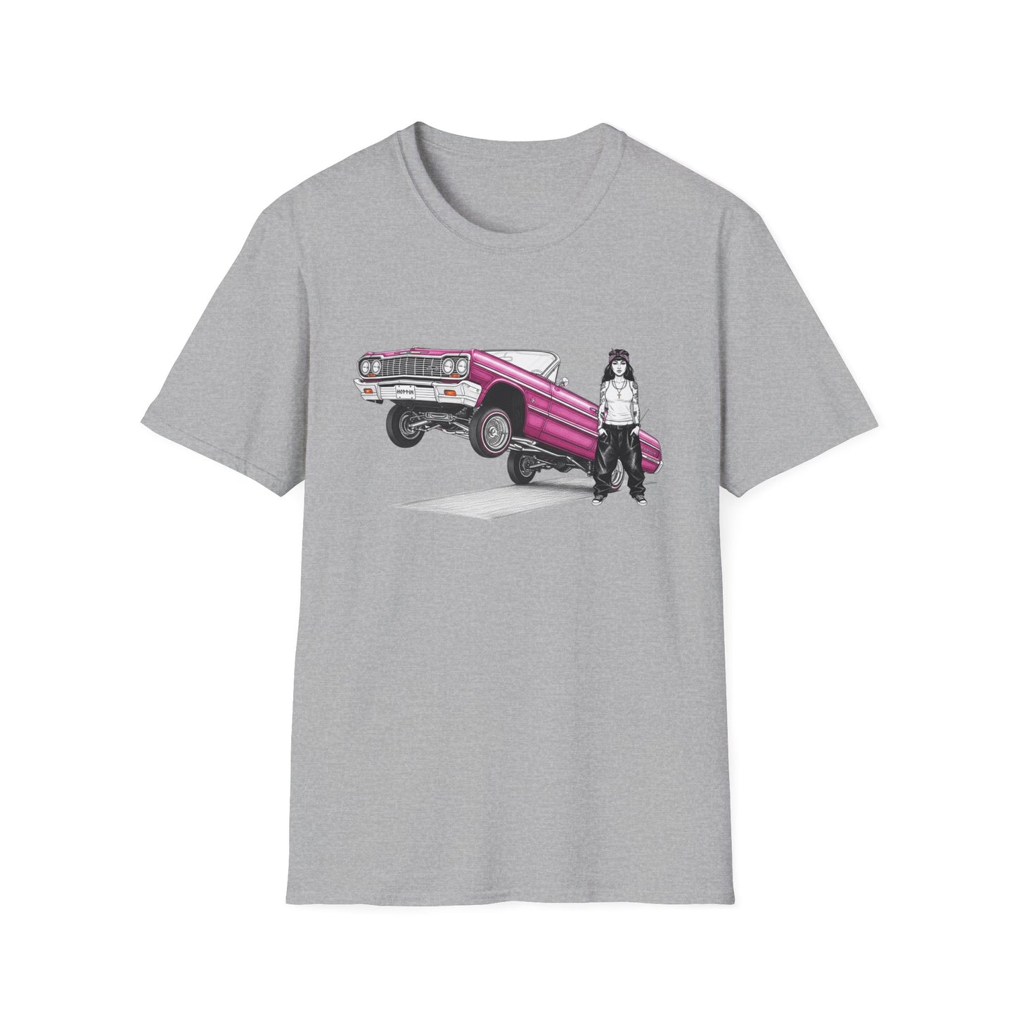 1964 Chevy Impala Hydraulics Lowrider Ink Drawing T-Shirt - Old School Hip Hop Cholo Art Tee Design - Chicano Car Club Graphic Tee