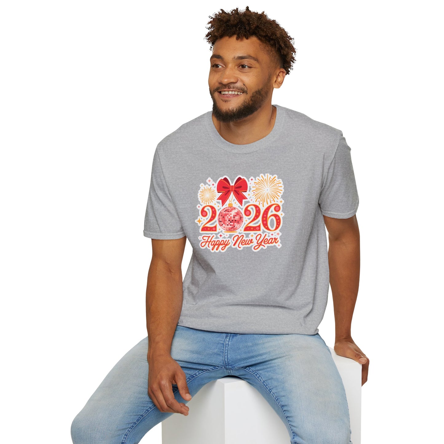 Happy New Year 2026 T-Shirt – Red & Gold Disco Ball New Year Shirt, Festive Bow and Fireworks 2026 NYE Tee, Holiday Celebration Party Top