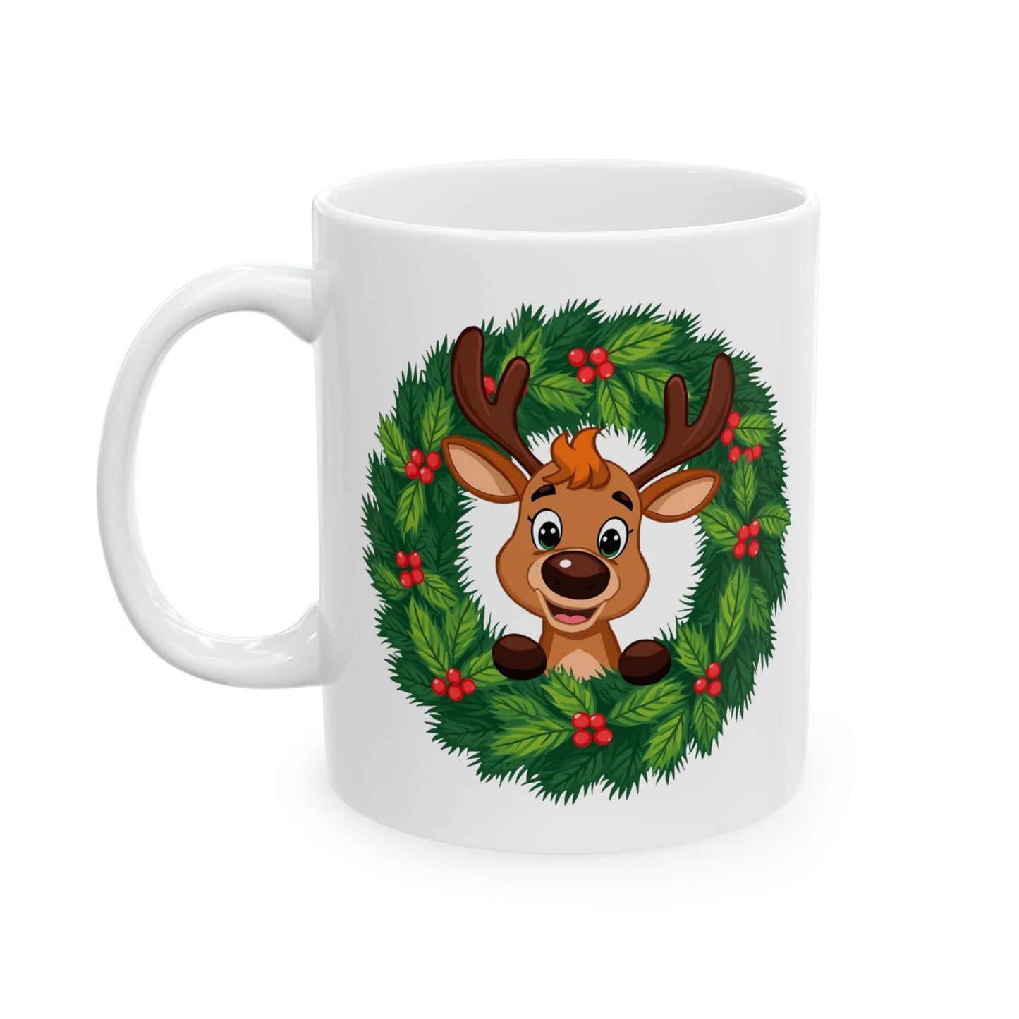 Reindeer in the Wreath Mug – Cute Holiday Coffee Cup, Festive Reindeer Ceramic Mug, Christmas Gift Idea (11oz/15oz)