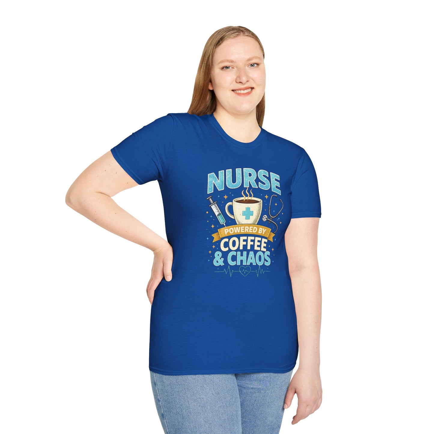 Nurse Powered by Coffee & Chaos Shirt, Funny Nurse Tee, RN CNA Gift, Nurse Life Graphic T-Shirt, Medical Worker Gift, Cute Nursing Shirt for Women Men