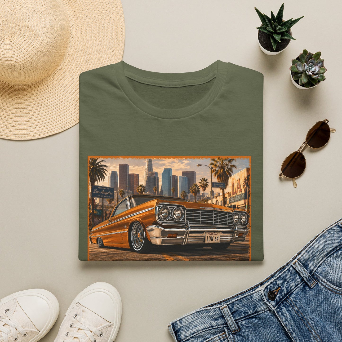 Los Angeles Lowrider T-Shirt, Orange Classic Car Graphic Tee, 1964 Style Car Shirt for Car Lovers