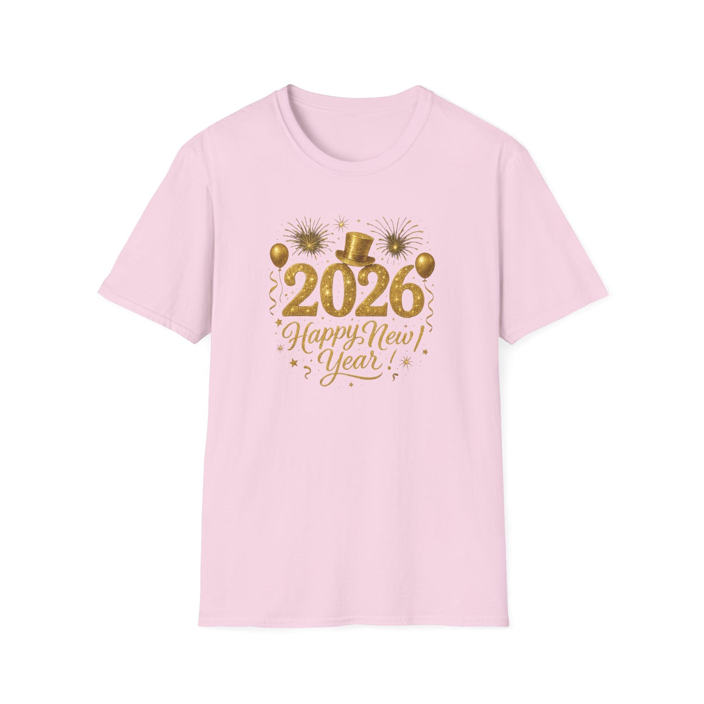 Happy New Year 2026 Gold Glitter T-Shirt – Sparkly New Year’s Eve Party Shirt, Festive 2026 NYE Tee with Fireworks & Balloons, Holiday Celebration Top