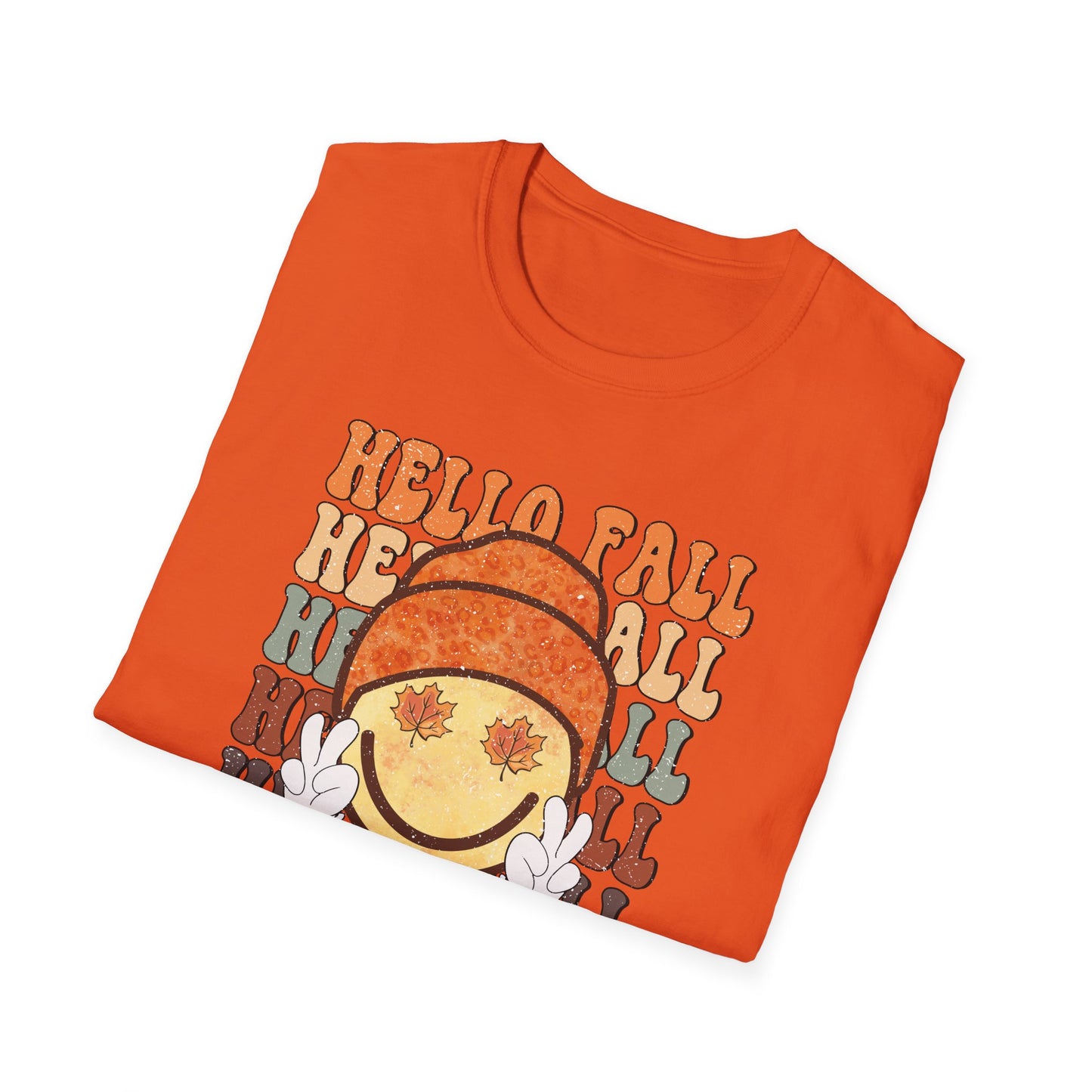 Hello Fall Happy Face Peace T-Shirt, Autumn Graphic Tee, Relaxing Casual Top, Seasonal Clothing, Thanksgiving Tee, Friendsgiving gift