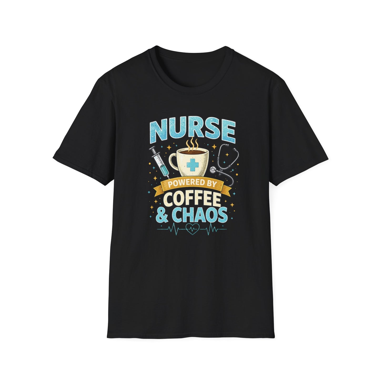 Nurse Powered by Coffee & Chaos Shirt, Funny Nurse Tee, RN CNA Gift, Nurse Life Graphic T-Shirt, Medical Worker Gift, Cute Nursing Shirt for Women Men