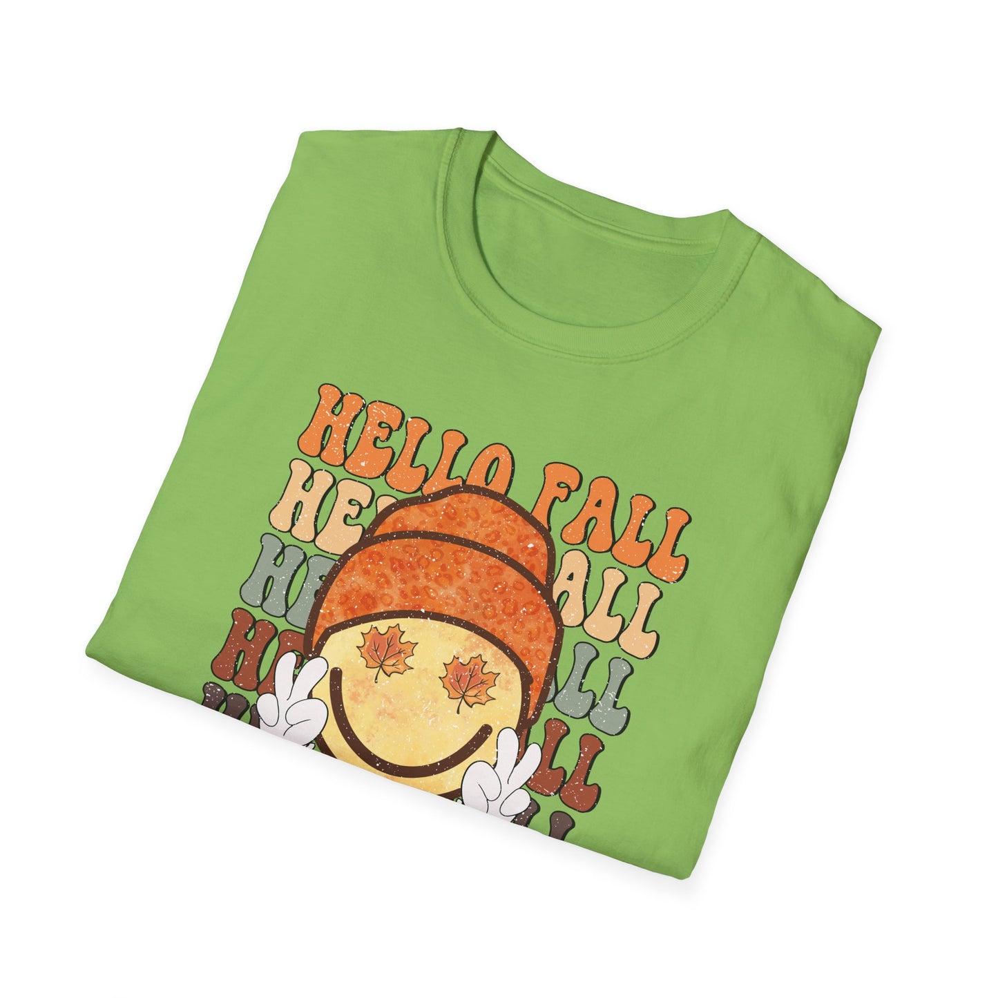Hello Fall Happy Face Peace T-Shirt, Autumn Graphic Tee, Relaxing Casual Top, Seasonal Clothing, Thanksgiving Tee, Friendsgiving gift