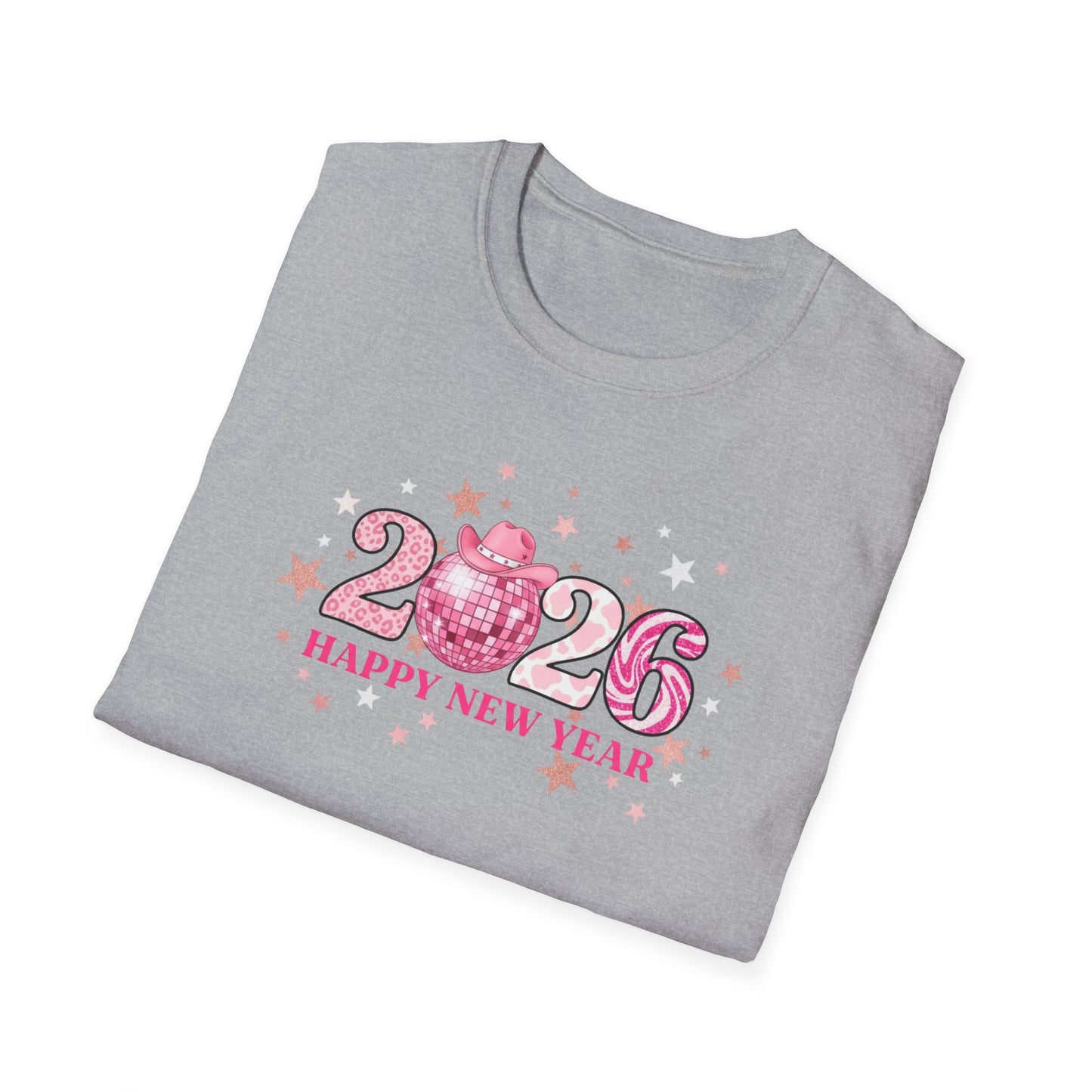 Happy New Year 2026 Pink Disco Cowgirl T-Shirt – Western New Year Shirt, Cute Pink 2026 Tee with Cowboy Hat & Stars, NYE Party Graphic Top
