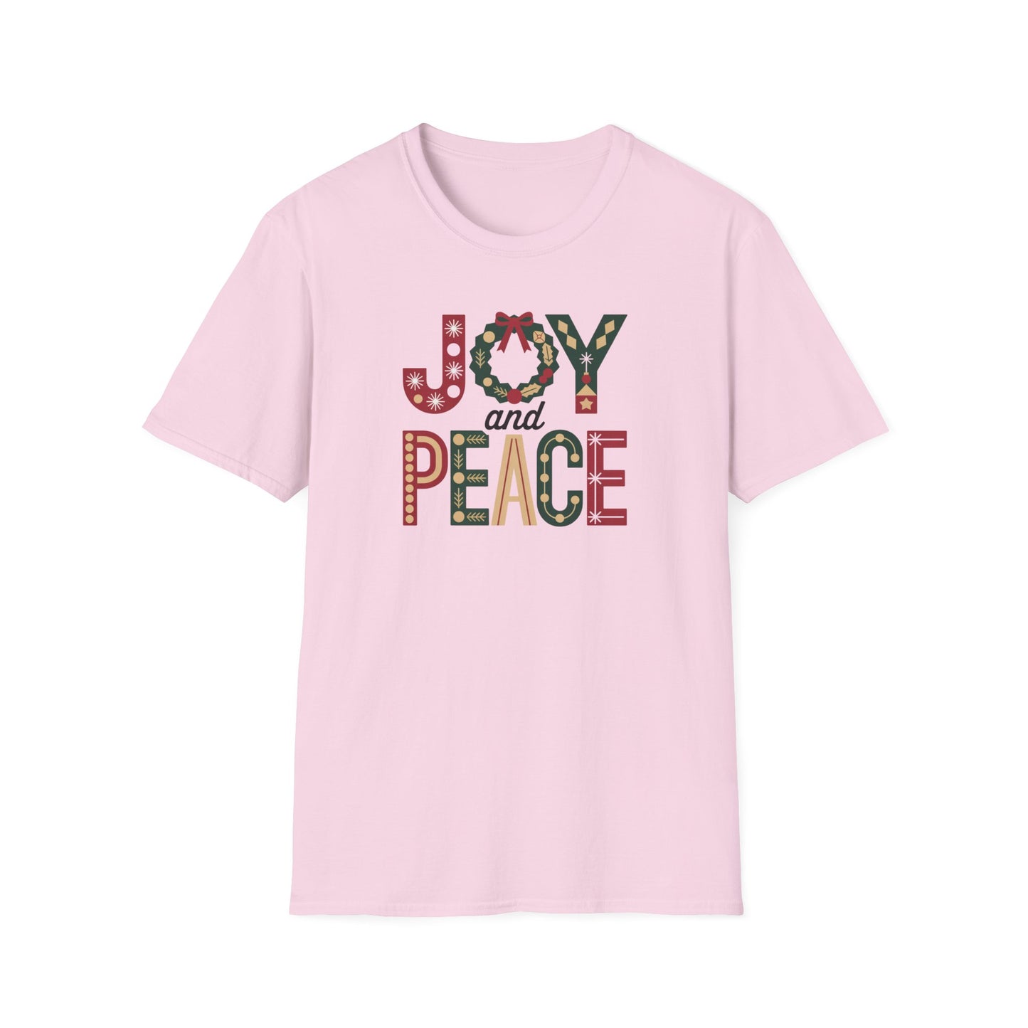 Joy and Peace Christmas T-Shirt – Festive Holiday Typography Tee with Wreath Design, Inspirational Christmas Shirt