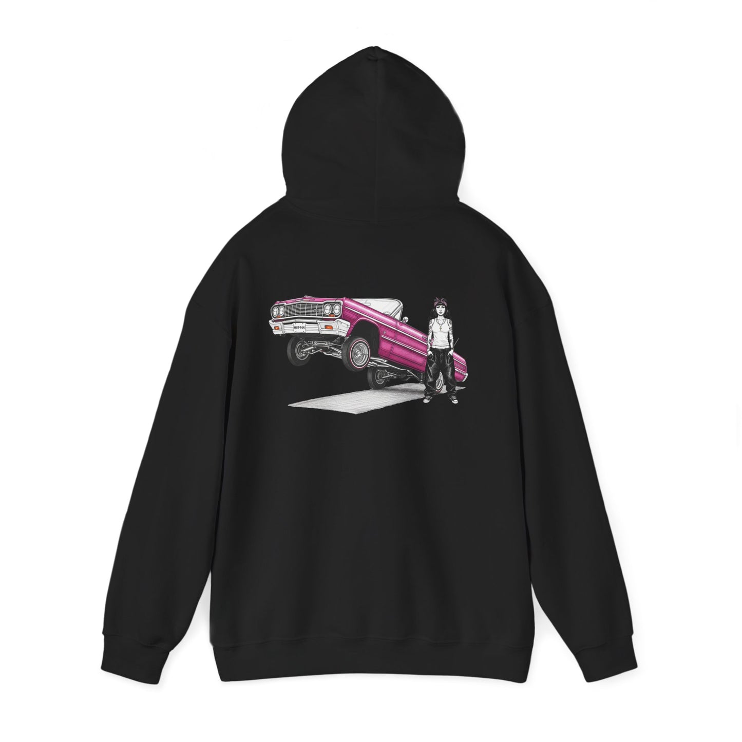 1964 Chevy Impala Hydraulics Lowrider Ink Drawing Hoodie - Old School Hip Hop Cholo Art Design - Chicano Car Club Graphic Hoodie