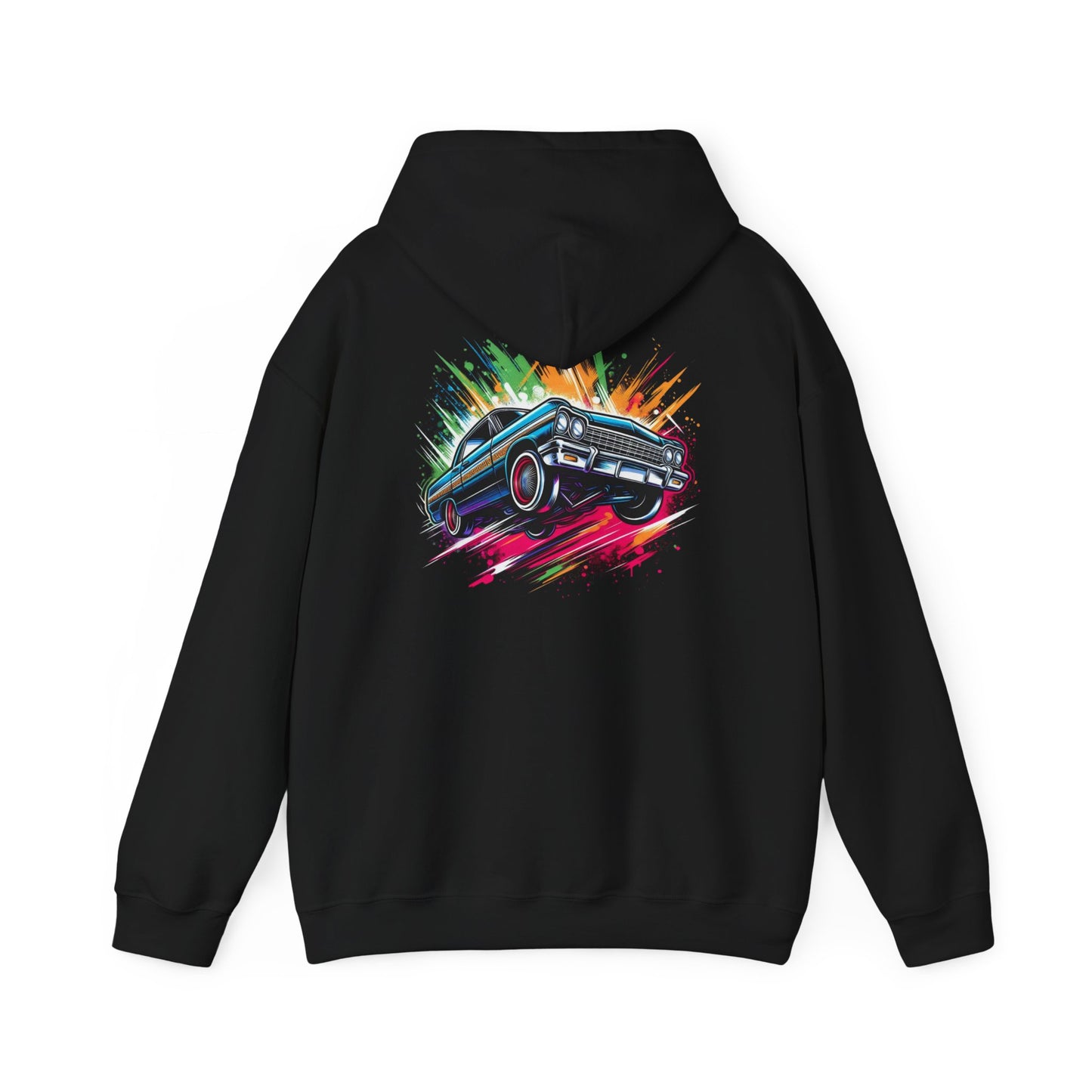 Chevy Impala Hydraulics Lowrider Colorful Drawing Graphic Hoodie - Old School Hip Hop Cholo Art Design - Chicano Car Club Graphic Hoodie