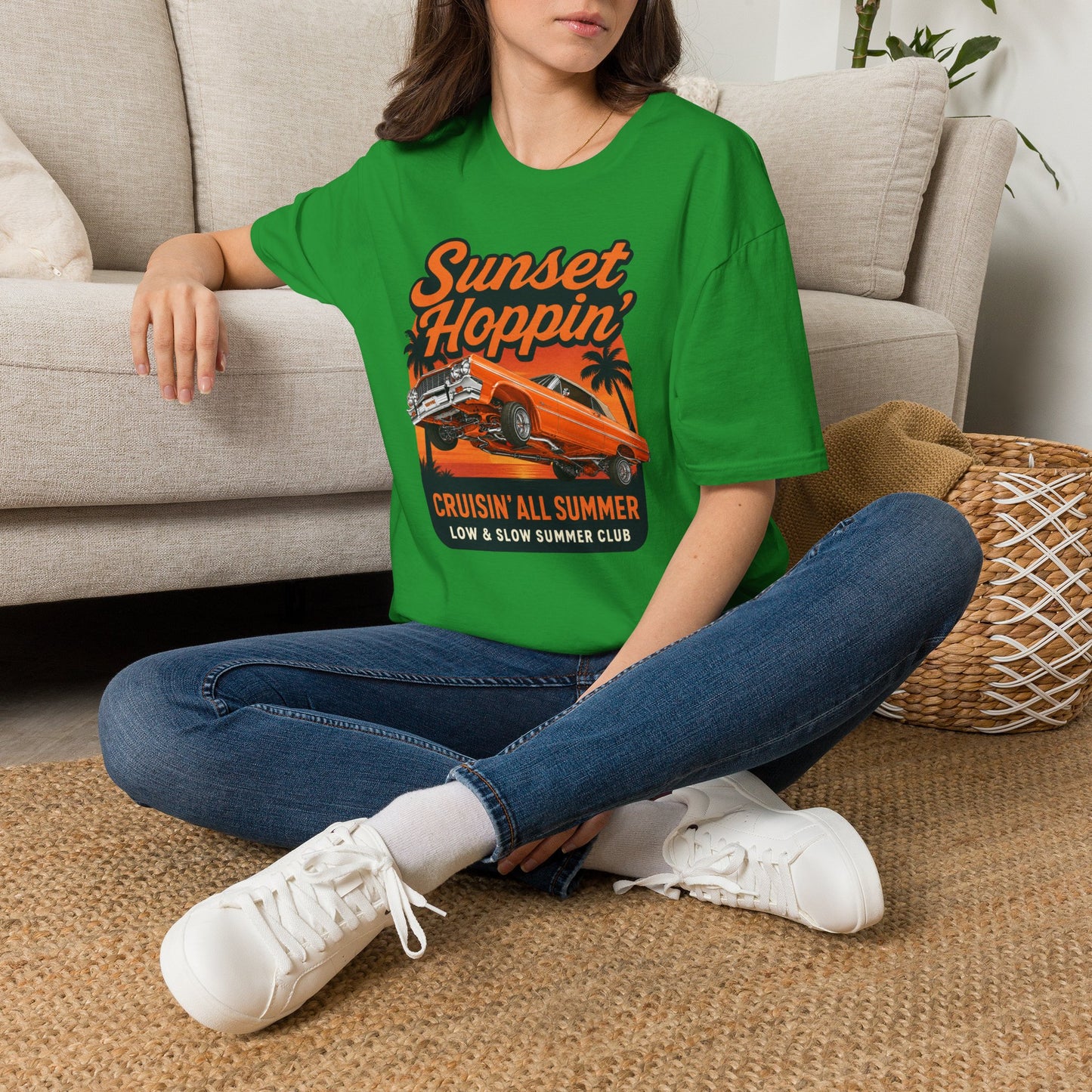 Lowrider Summer Shirt, Sunset Hoppin Tee, Cruisin All Summer Graphic Shirt, Low and Slow Car Tee, Unisex Car Lover Gift