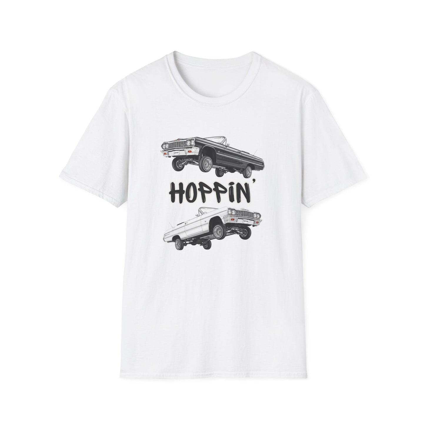 1964 Chevy Impala Hydraulics Lowrider Hoppin' Ink Drawing T-Shirt - Old School Hip Hop Cholo Art Tee Design - Chicano Car Club Graphic Tee