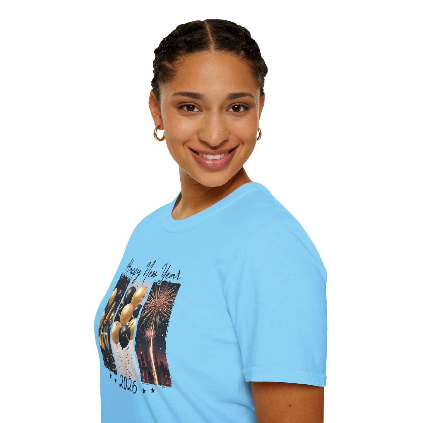 Happy New Year 2026 T-Shirt – Gold & Black Champagne New Year Shirt, Fireworks and Balloons NYE Celebration Tee, Festive 2026 Party Top