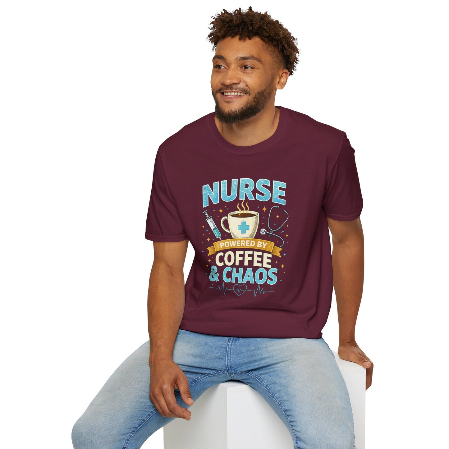 Nurse Powered by Coffee & Chaos Shirt, Funny Nurse Tee, RN CNA Gift, Nurse Life Graphic T-Shirt, Medical Worker Gift, Cute Nursing Shirt for Women Men