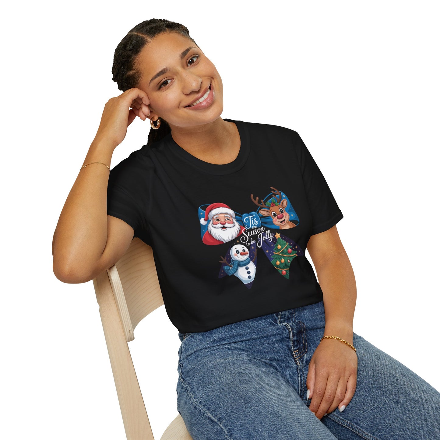 ’Tis the Season to Be Jolly Christmas T-Shirt – Cute Santa Reindeer Snowman & Christmas Tree Bow Holiday Tee