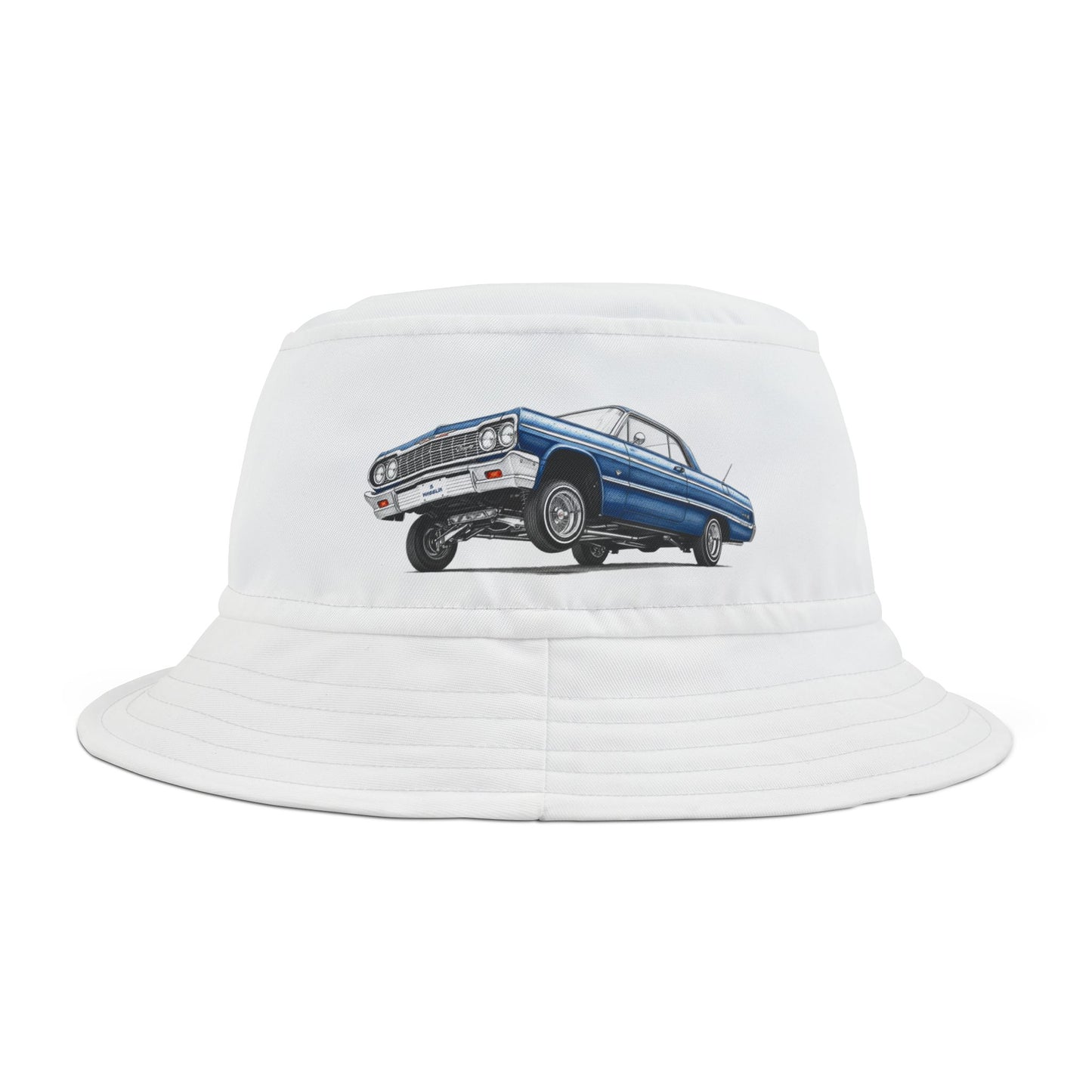 1964 Chevy Impala Hydraulics Lowrider Ink Drawing Bucket Hat - Old School Hip Hop Cholo Art Hat Design - Chicano Car Club Graphic Hat