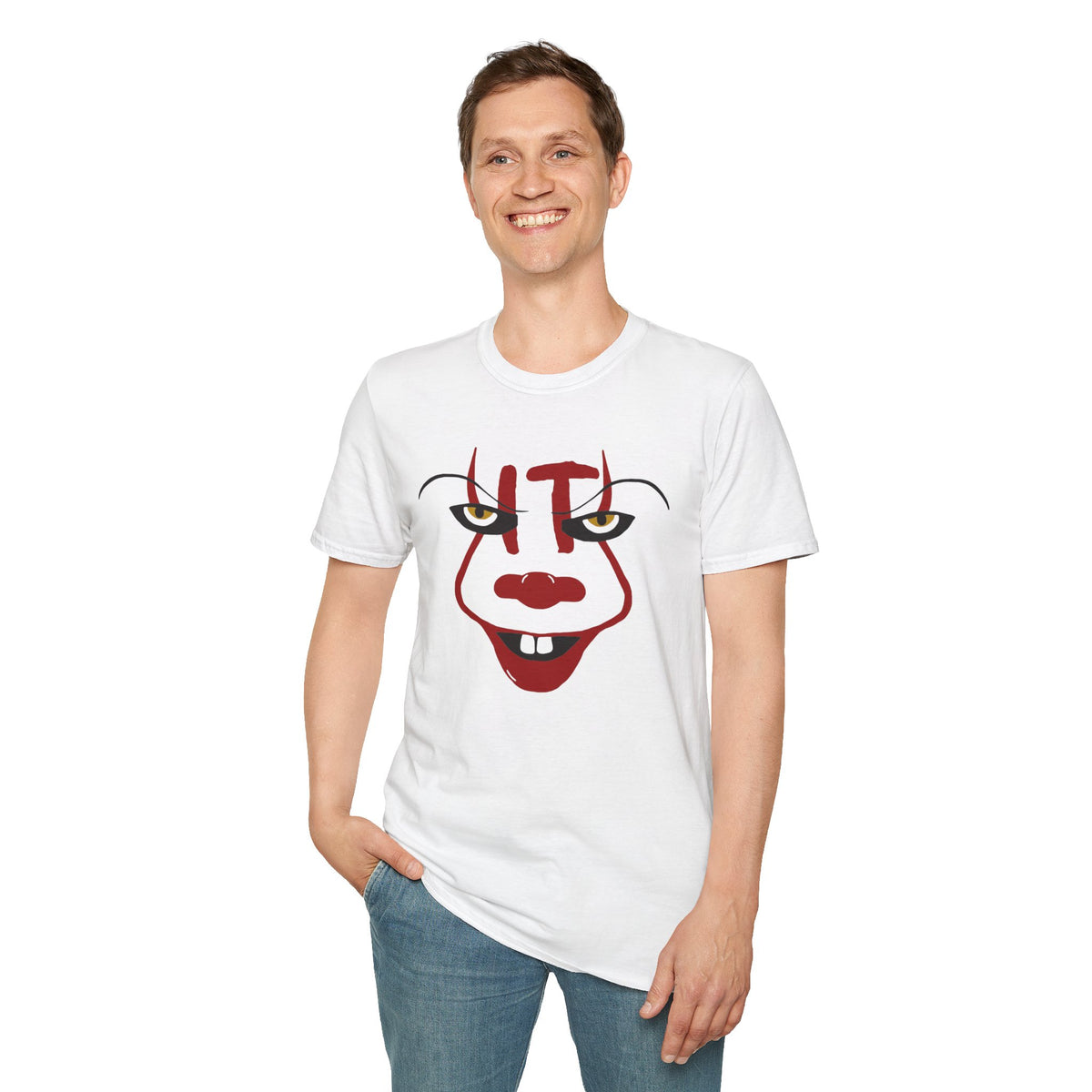 Horror Movie Villain Pennywise Softstyle T-Shirt, IT Scary Movie Tee, Halloween Shirt, Horror Movie Fan Gift, IT Horror Movie Characters