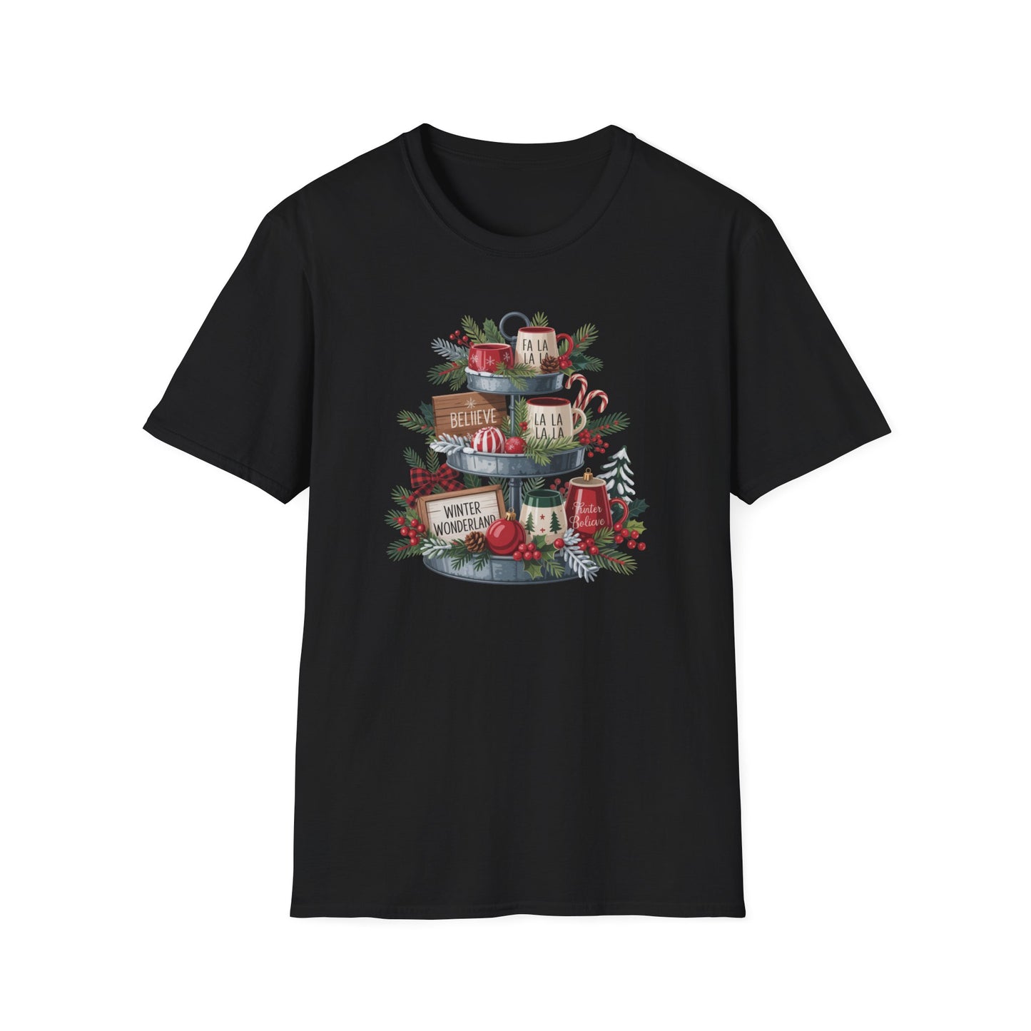 Christmas Mug Stack T-Shirt – Festive Holiday Tiered Tray Shirt with Fa La La Winter Wonderland Graphic Tee