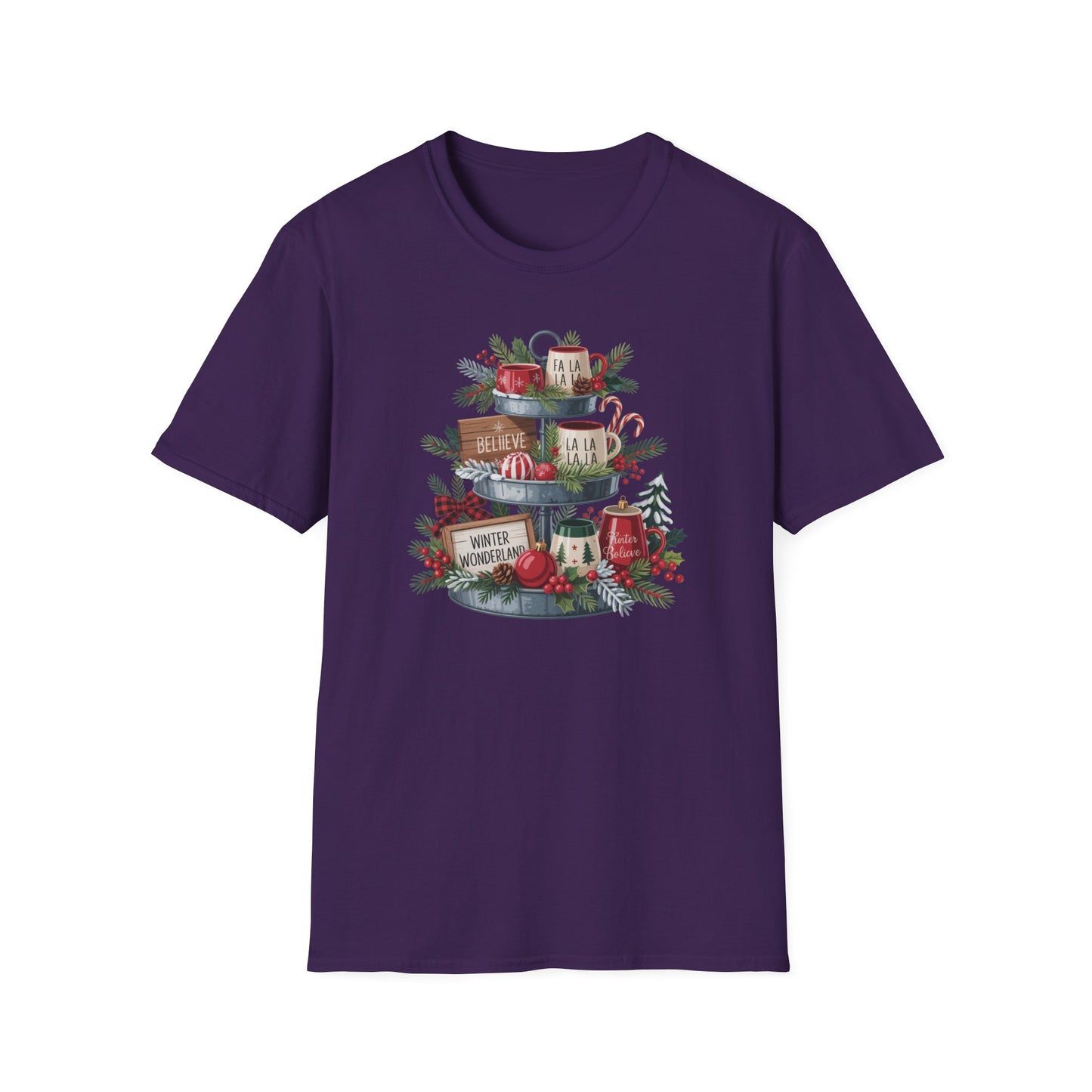 Christmas Mug Stack T-Shirt – Festive Holiday Tiered Tray Shirt with Fa La La Winter Wonderland Graphic Tee