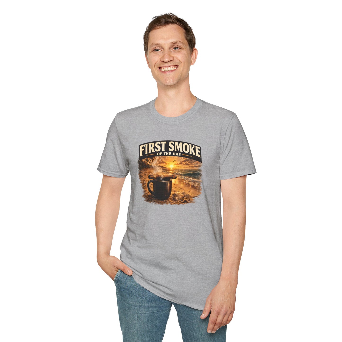 First Smoke of the Day T-Shirt – Cigar & Coffee Beach Sunrise Tee