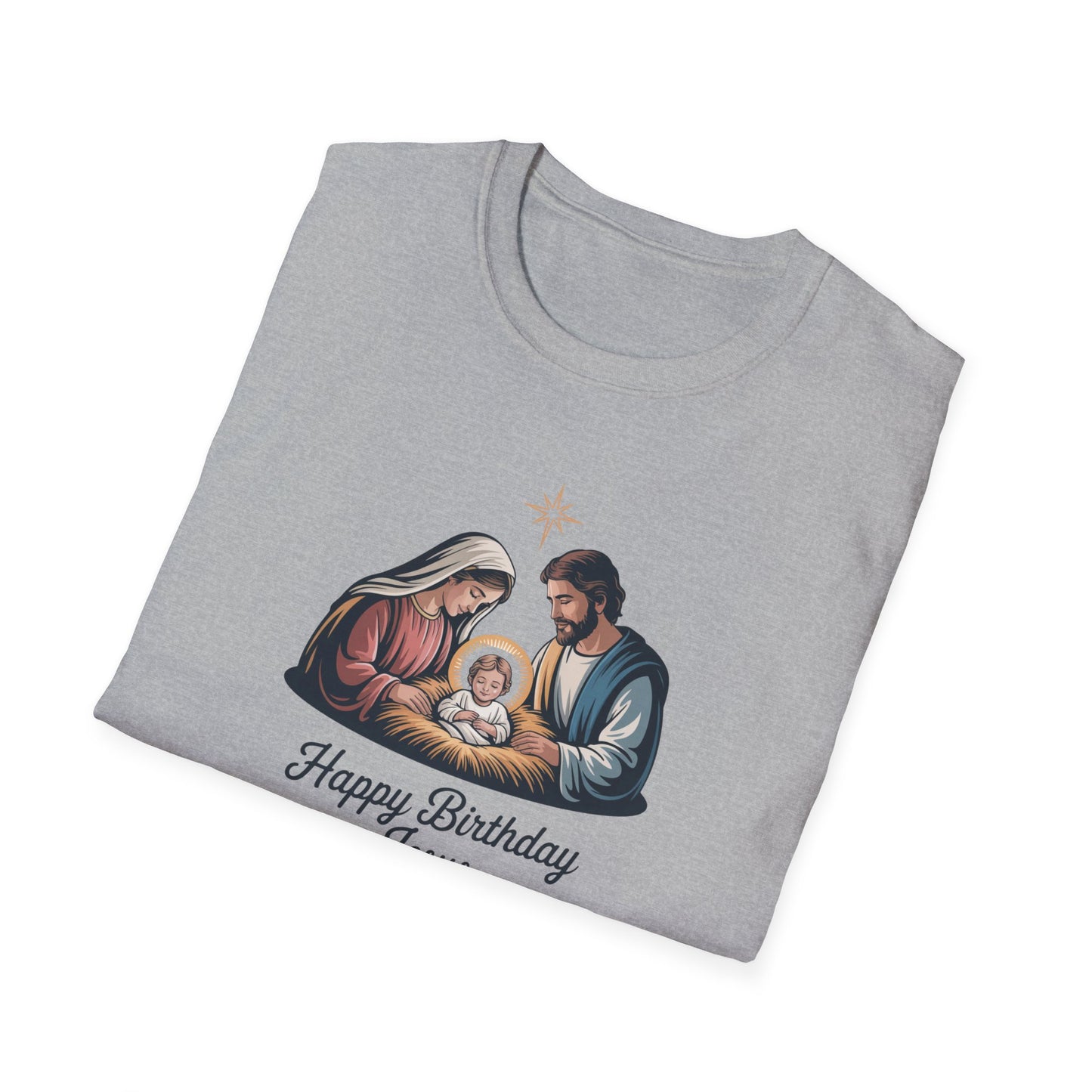 Happy Birthday Jesus Nativity T-Shirt – Christian Christmas Shirt with Mary Joseph & Baby Jesus, Faith Holiday Tee