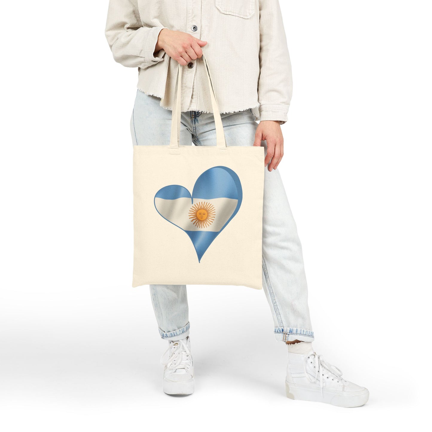 Argentina Flag Heart Tote Bag, Cotton Canvas Shopping Beach Handbag, Argentina Pride Gift, Patriotic Shoulder Bag, Reusable Eco-Friendly