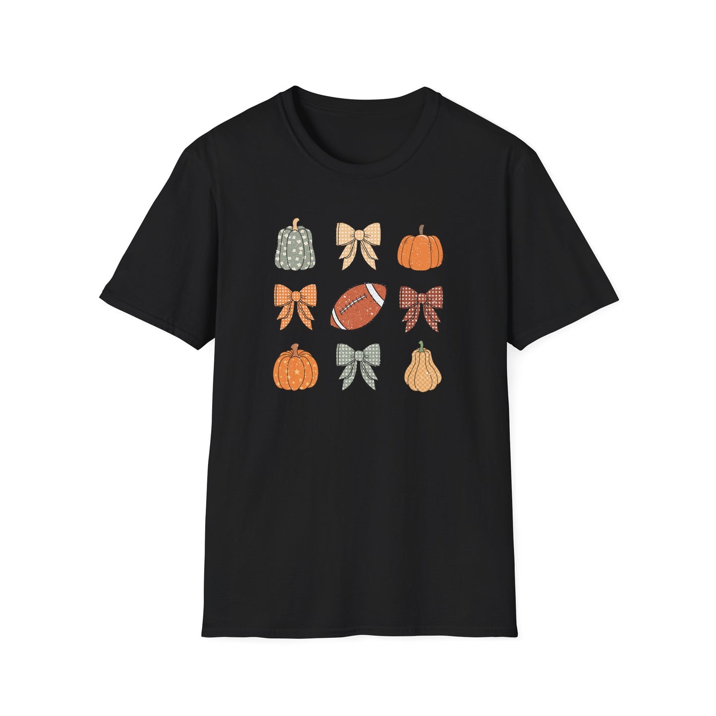 Fall Pumpkins Bow Football Unisex T-Shirt, Autumn Tee, Pumpkin Patch Shirt, Thanksgiving Top, Harvest Festival Apparel, Gif for her
