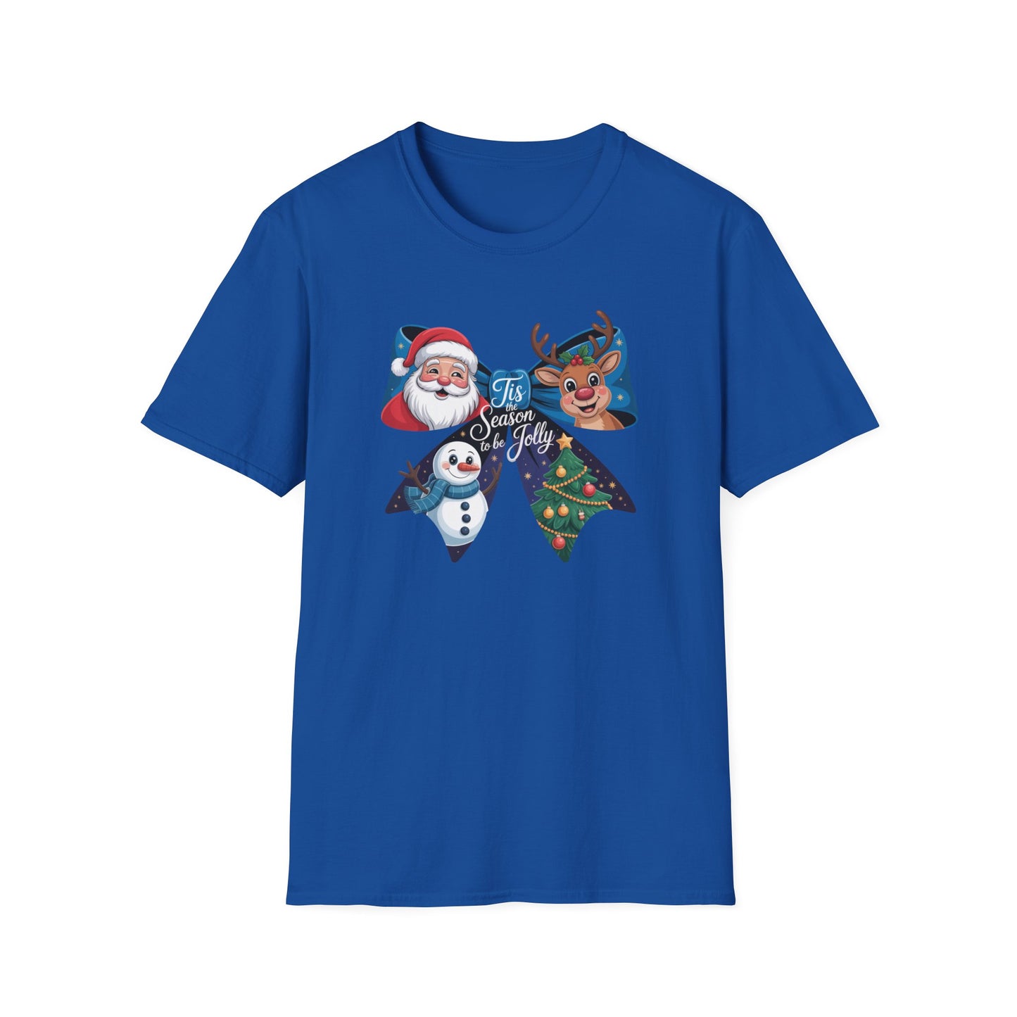 ’Tis the Season to Be Jolly Christmas T-Shirt – Cute Santa Reindeer Snowman & Christmas Tree Bow Holiday Tee