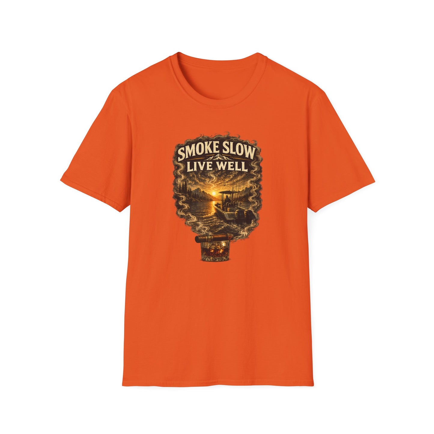 Smoke Slow Live Well Cigar T-Shirt – Whiskey & Outdoor Boating Lifestyle Cigar Tee