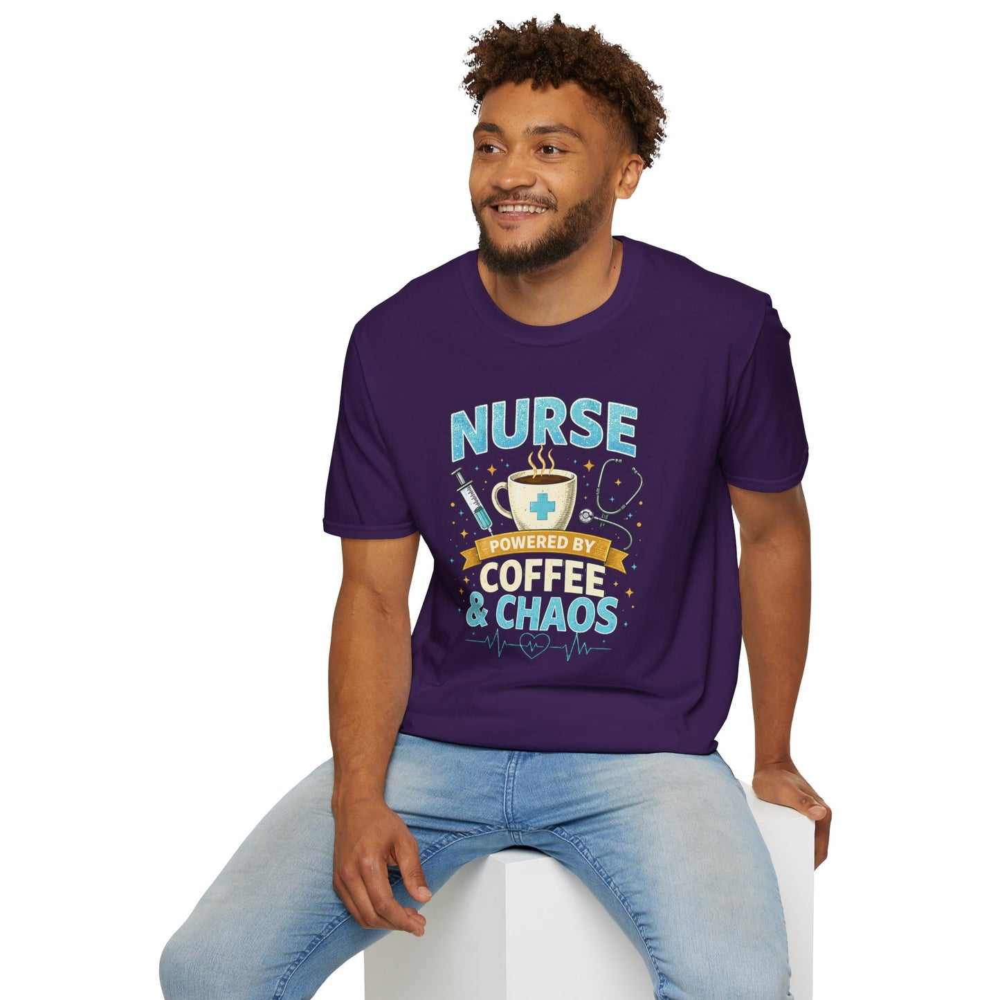 Nurse Powered by Coffee & Chaos Shirt, Funny Nurse Tee, RN CNA Gift, Nurse Life Graphic T-Shirt, Medical Worker Gift, Cute Nursing Shirt for Women Men