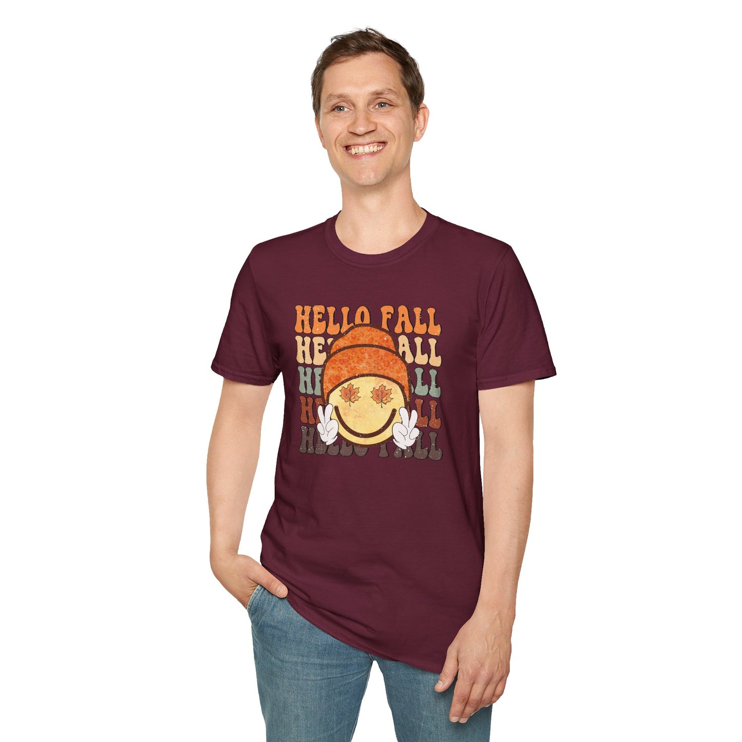 Hello Fall Happy Face Peace T-Shirt, Autumn Graphic Tee, Relaxing Casual Top, Seasonal Clothing, Thanksgiving Tee, Friendsgiving gift