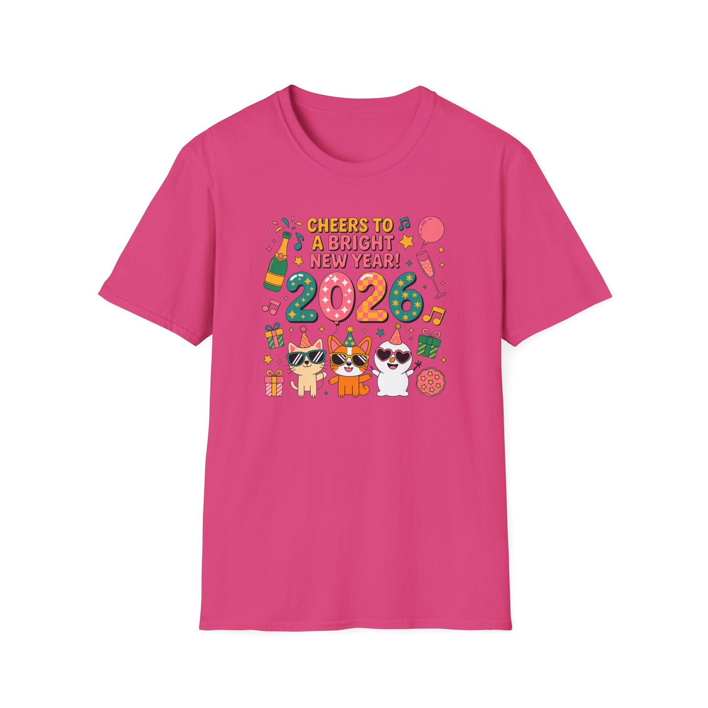 Happy New Year 2026 T-Shirt – Cute Cartoon Cats New Year Shirt, Bright Colorful NYE Party Tee, Fun 2026 Celebration Top for Cat Lovers