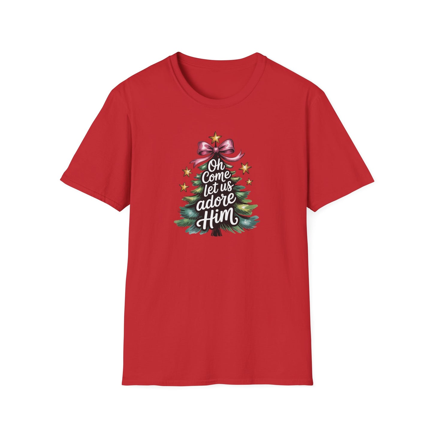 Oh Come Let Us Adore Him Christmas T-Shirt – Christian Holiday Tee with Bow and Christmas Tree Design