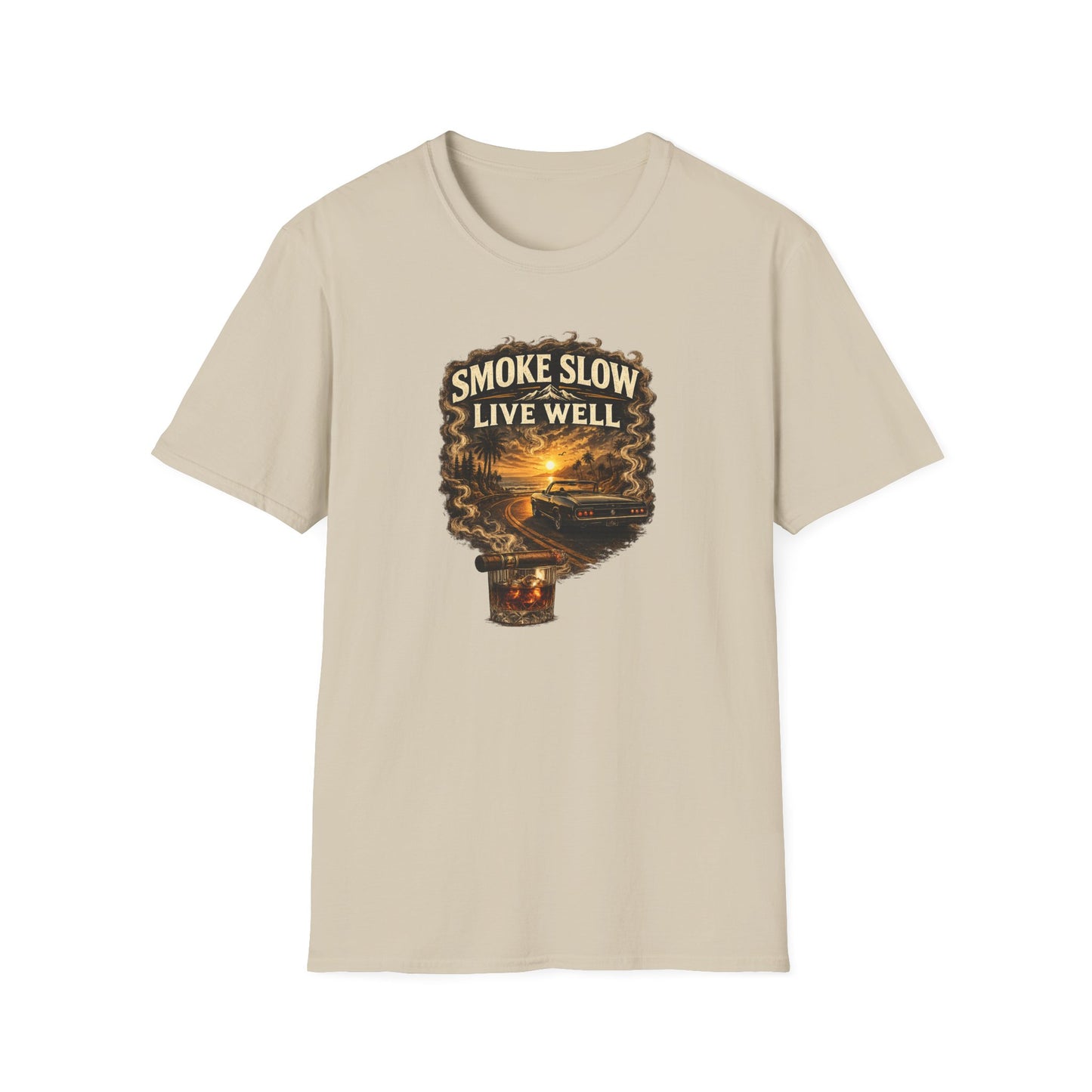 Smoke Slow Live Well Classic Car T-Shirt – Cigar, Whiskey & Sunset Cruise Tee  ⭐ Product Description