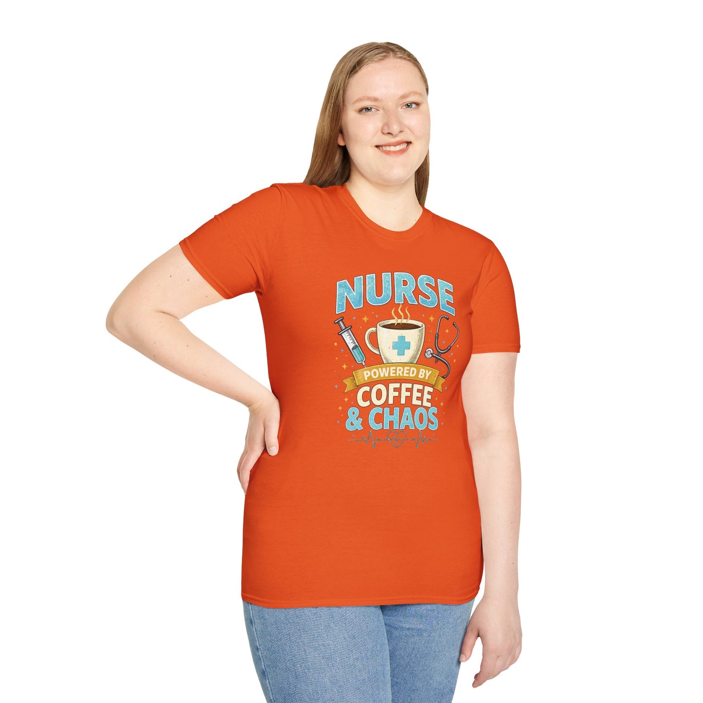 Nurse Powered by Coffee & Chaos Shirt, Funny Nurse Tee, RN CNA Gift, Nurse Life Graphic T-Shirt, Medical Worker Gift, Cute Nursing Shirt for Women Men